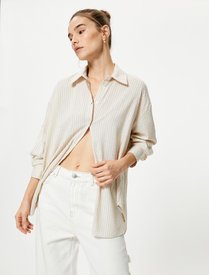  Balon Kollu Gömlek Düğmeli Dokulu Viskon Karışımlı