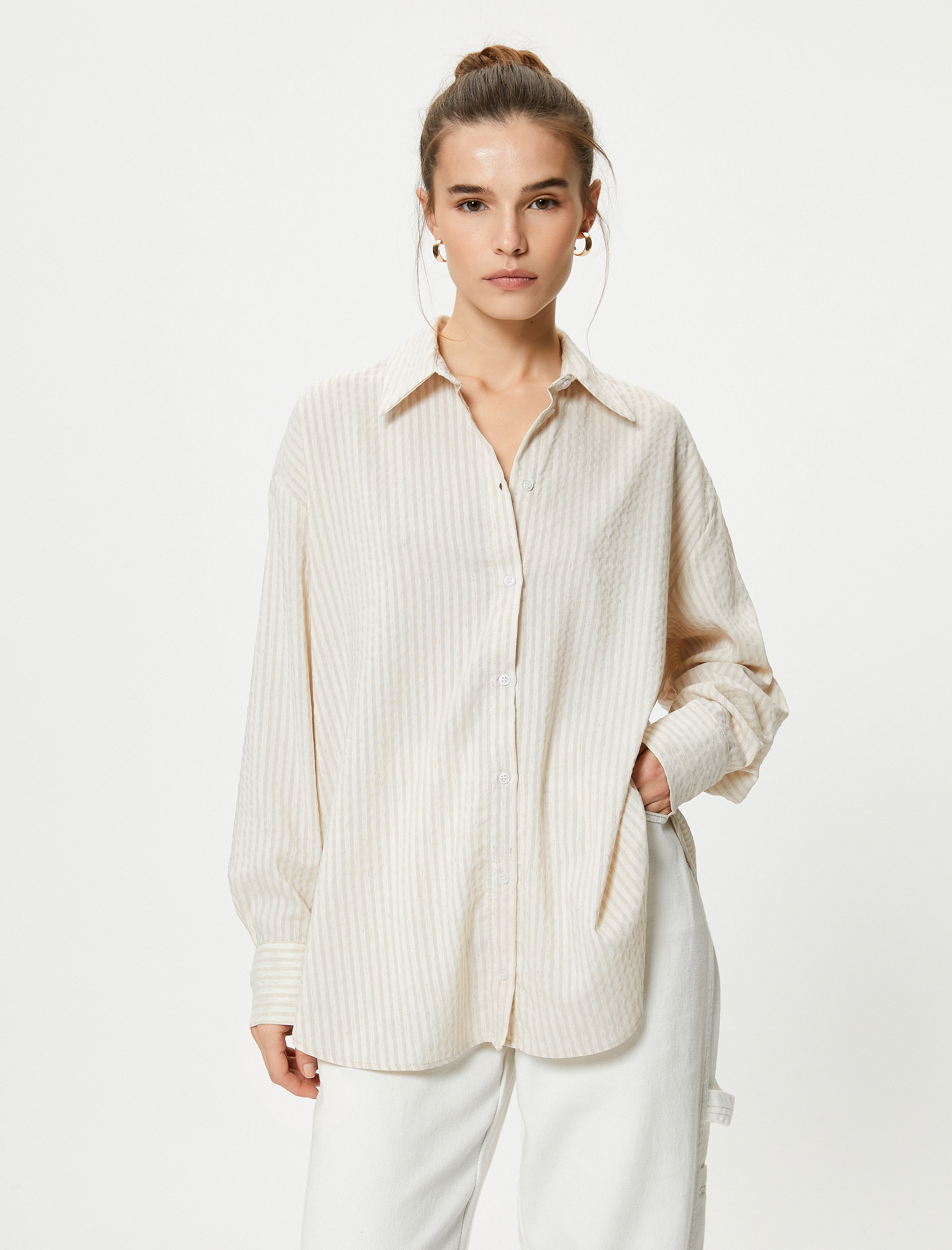   Balon Kollu Gömlek Düğmeli Dokulu Viskon Karışımlı