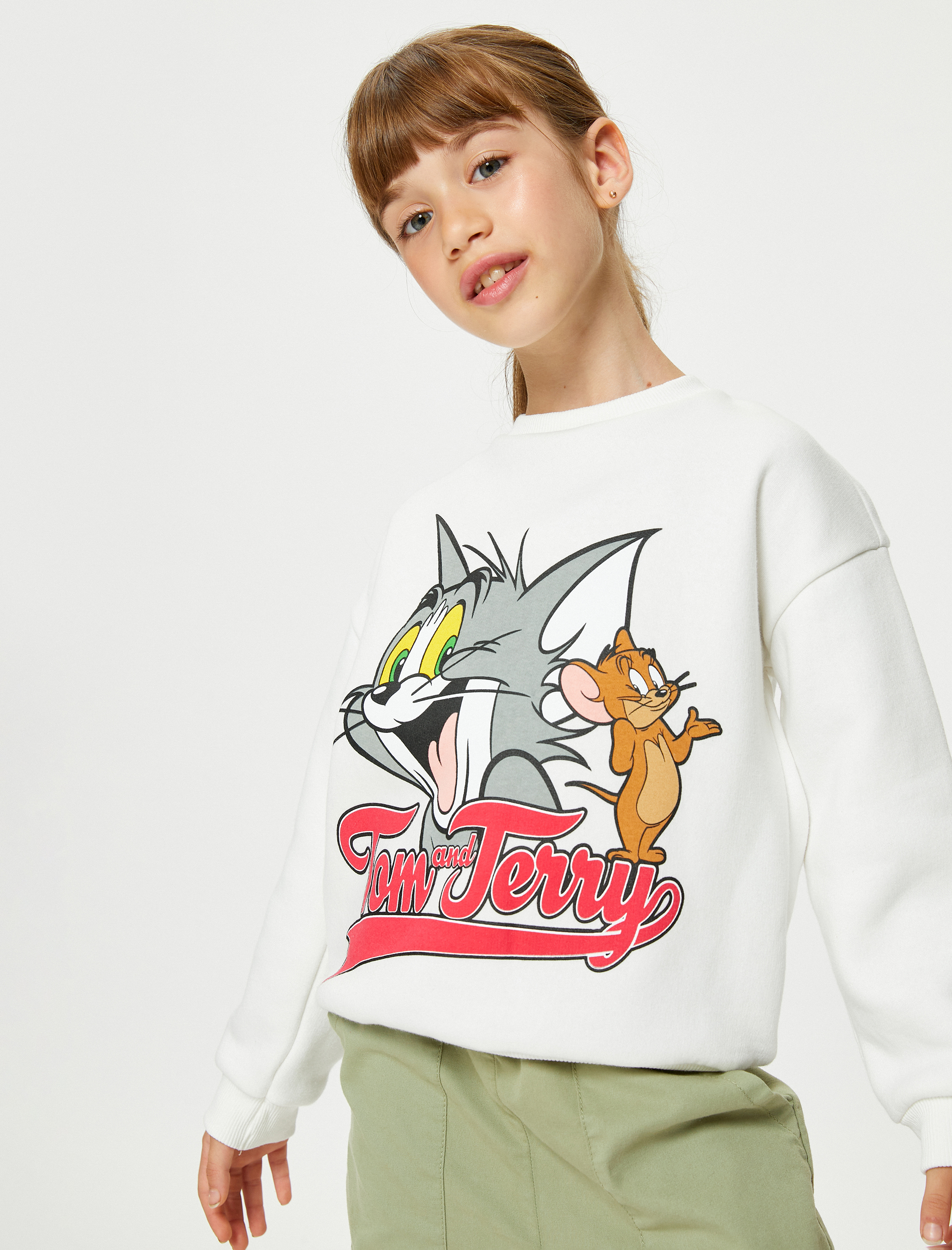  Kız Çocuk Tom ve Jerry Sweatshirt Lisanslı Şardonlu Uzun Kollu Bisiklet Yaka