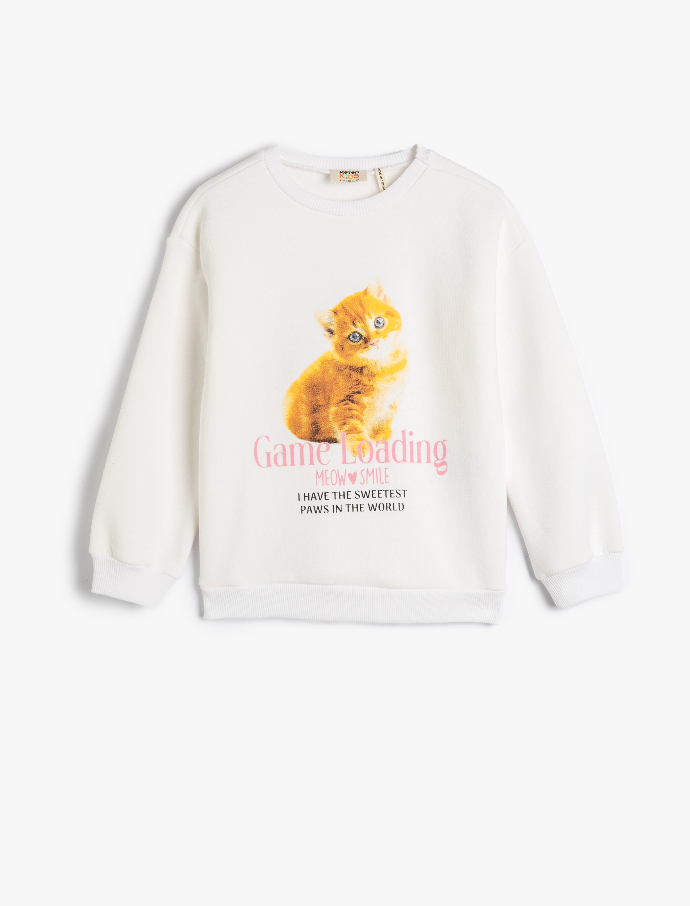  Kız Çocuk Sweatshirt Uzun Kollu Bisiklet Yaka Kedi Baskılı Şardonlu