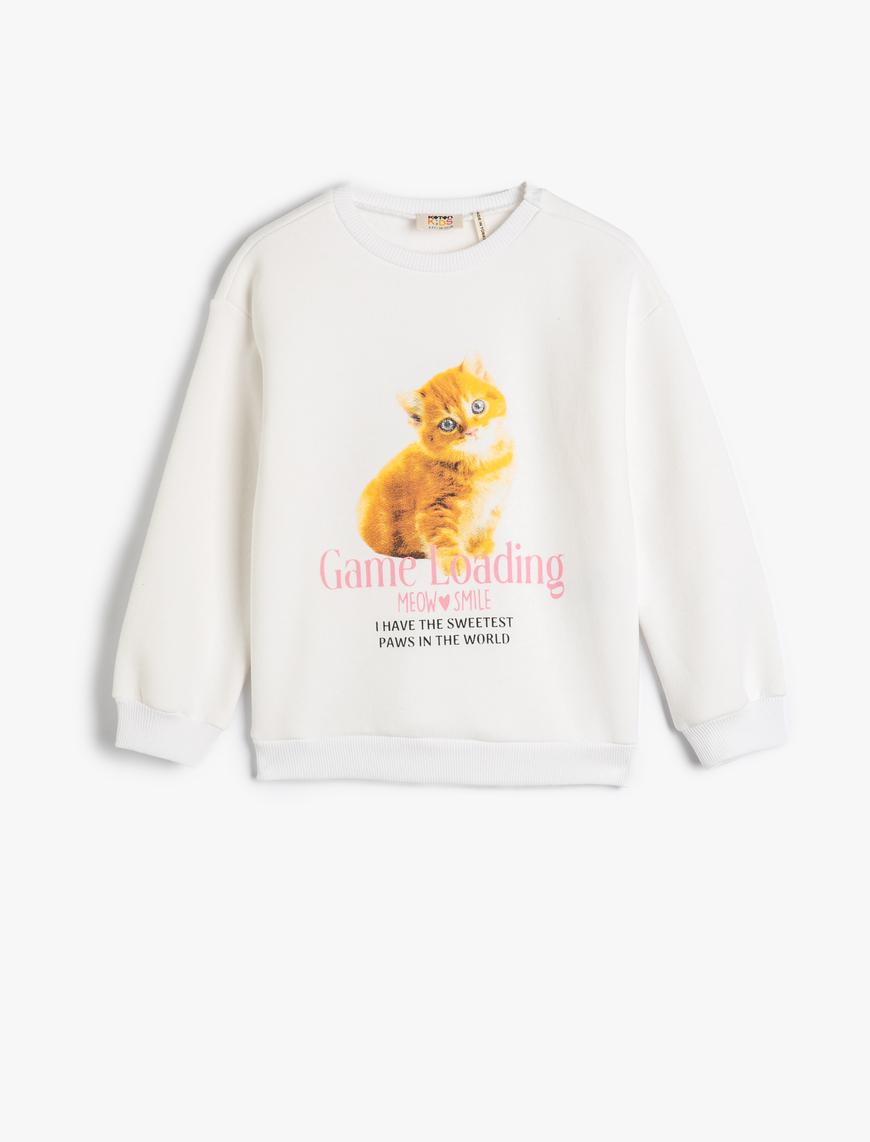  Kız Çocuk Sweatshirt Uzun Kollu Bisiklet Yaka Kedi Baskılı