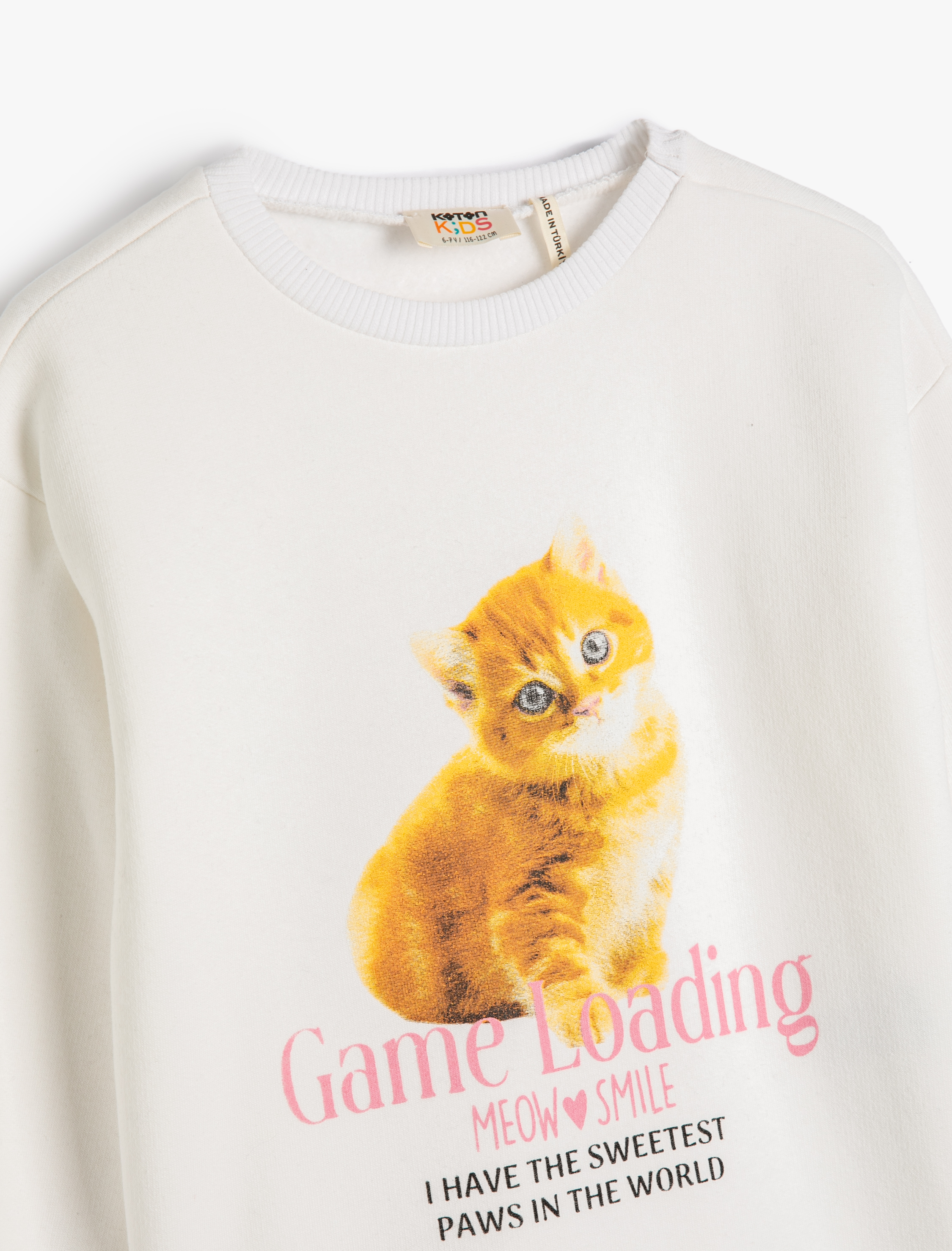  Kız Çocuk Sweatshirt Uzun Kollu Bisiklet Yaka Kedi Baskılı Şardonlu