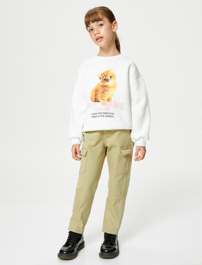 Kız Çocuk Sweatshirt Uzun Kollu Bisiklet Yaka Kedi Baskılı Şardonlu