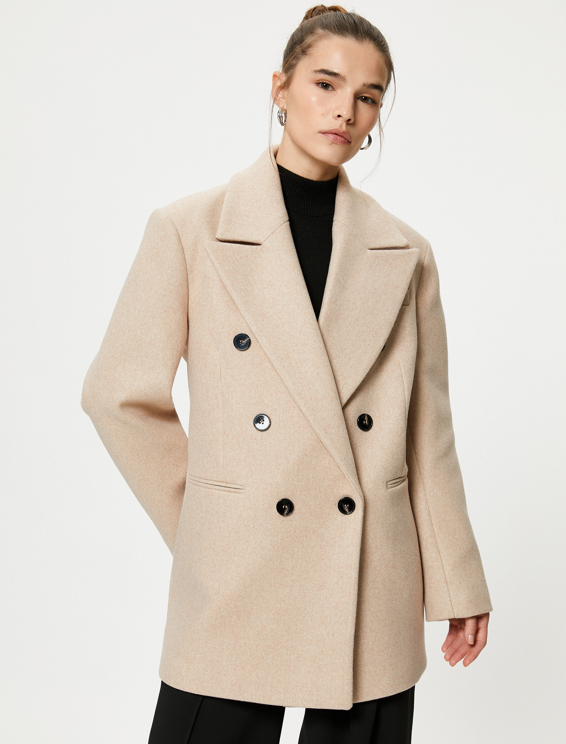   Oversize Kaşe Kaban Kruvaze Yaka Cepli