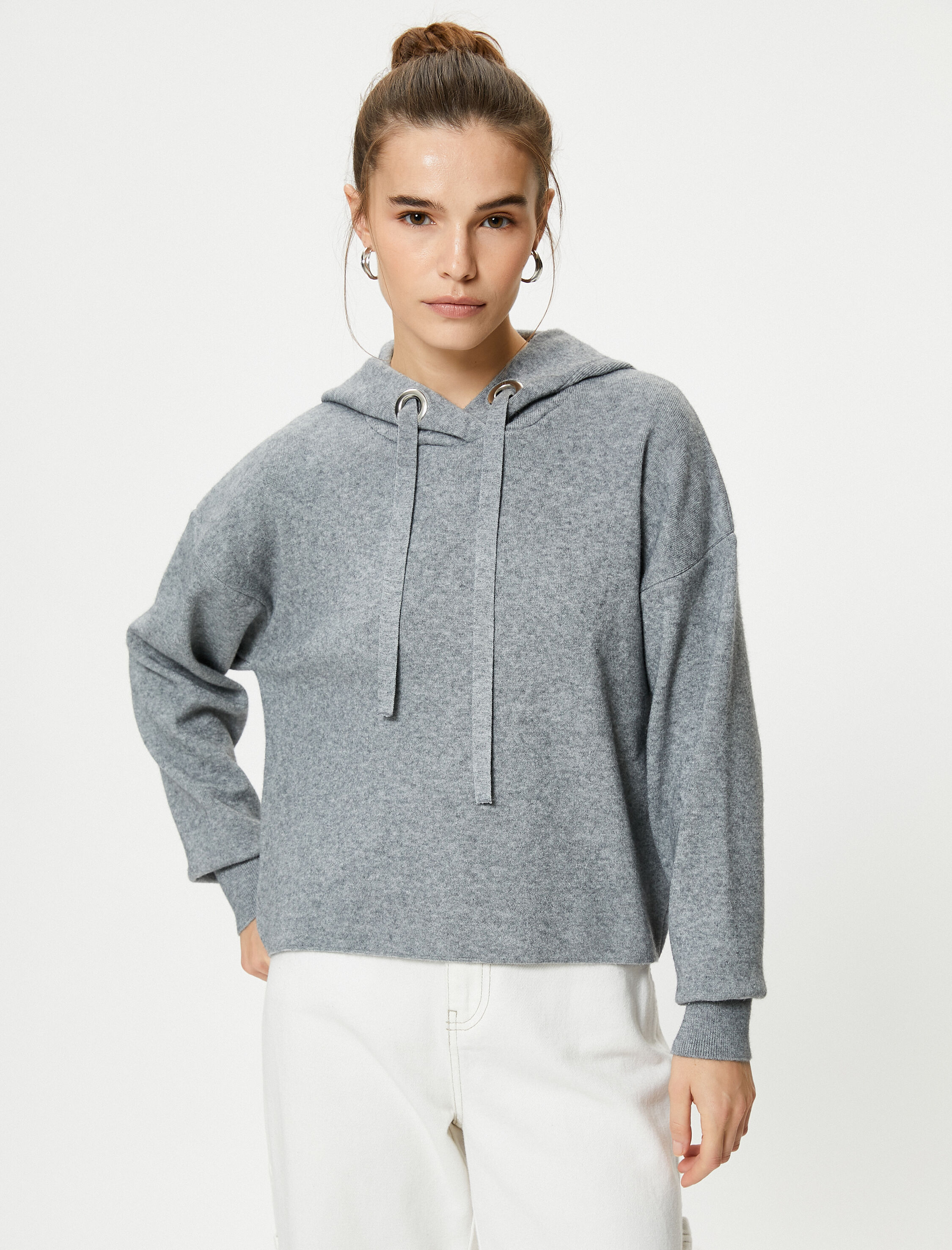   Kapüşonlu Triko Kazak Uzun Kollu Düşük Omuzlu