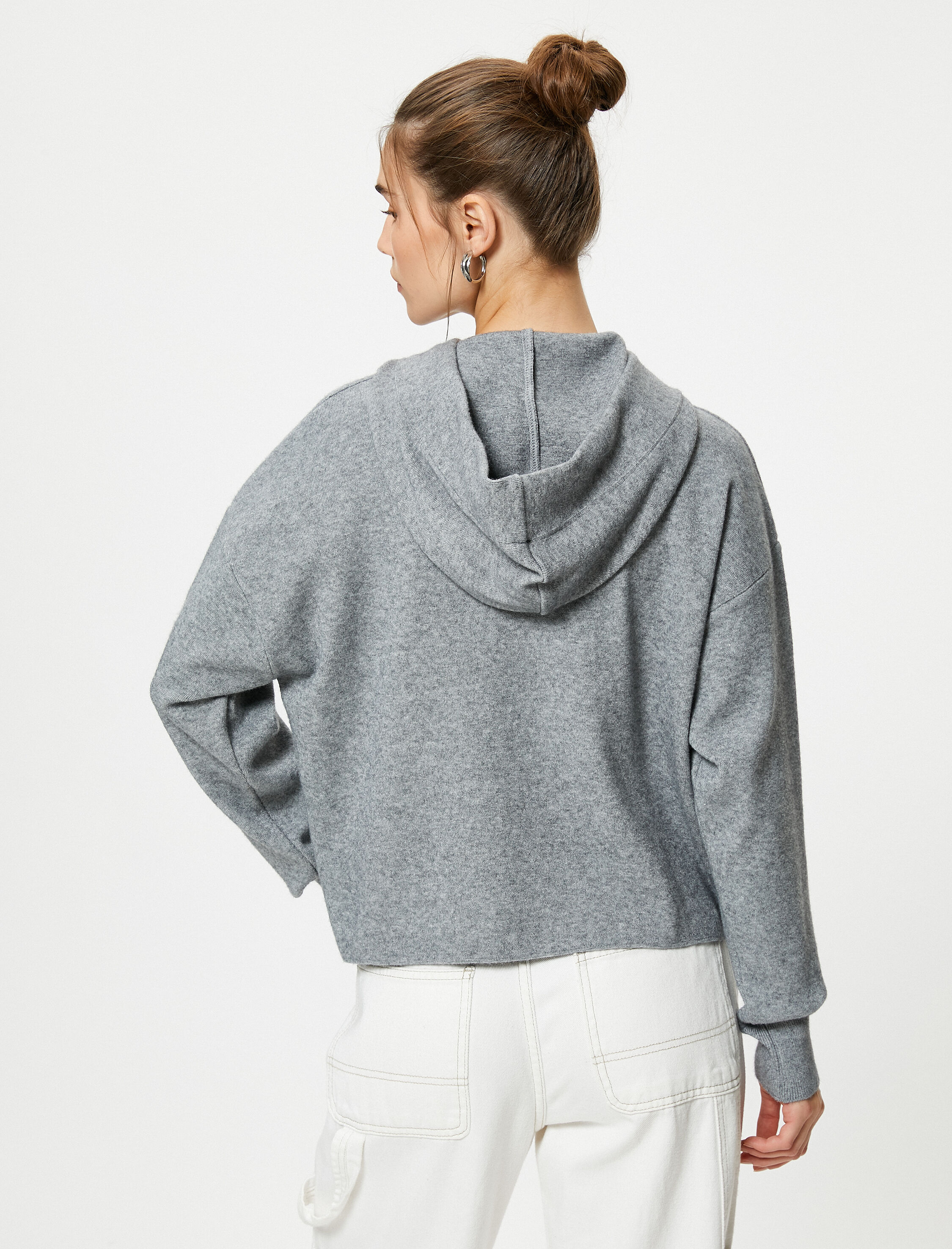   Kapüşonlu Triko Kazak Uzun Kollu Düşük Omuzlu