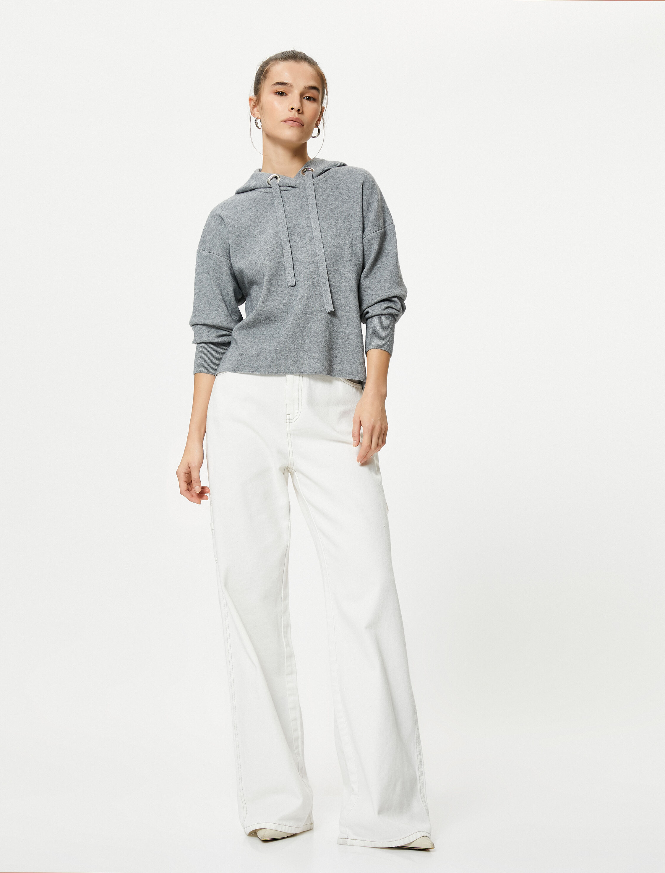   Kapüşonlu Triko Kazak Uzun Kollu Düşük Omuzlu