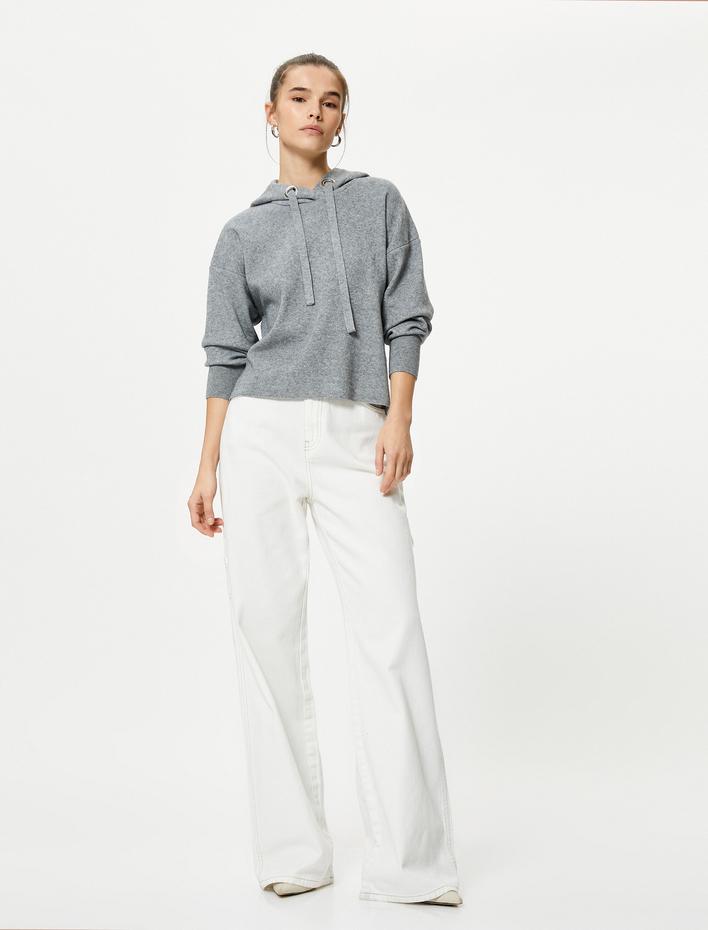  Kapüşonlu Triko Kazak Uzun Kollu Düşük Omuzlu