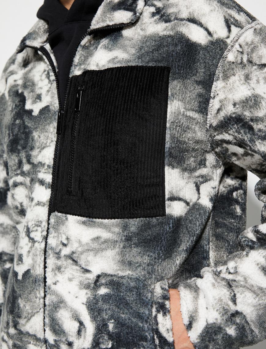   Peluş Ceket Batik Görünümlü Fermuarlı Cep Detaylı Yumuşak Dokulu