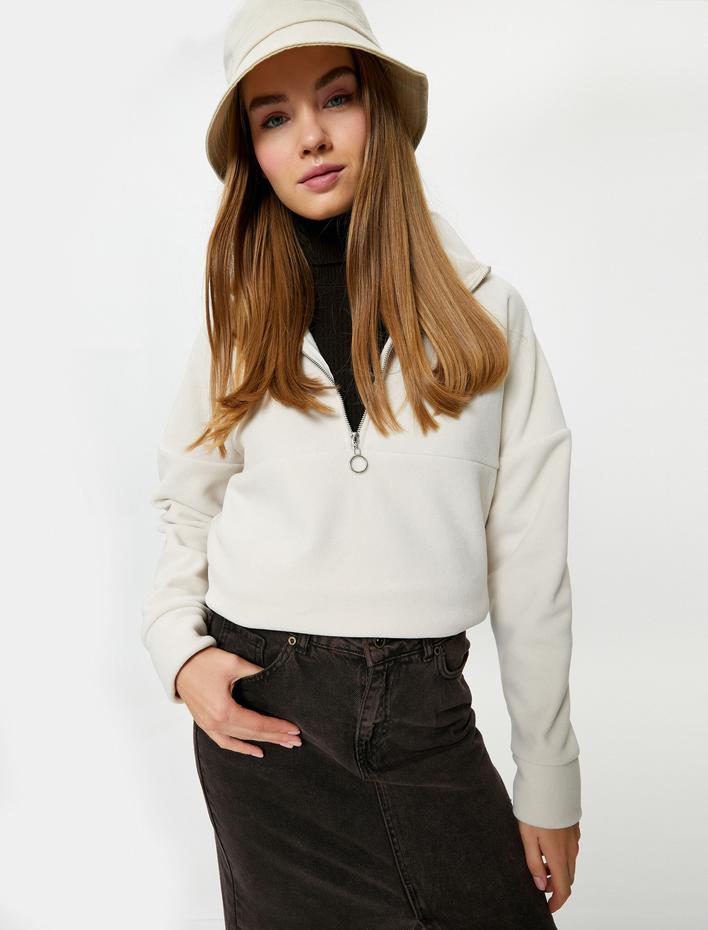  Polar Sweatshirt Yarım Fermuarlı Balon Kol Rahat Kalıp