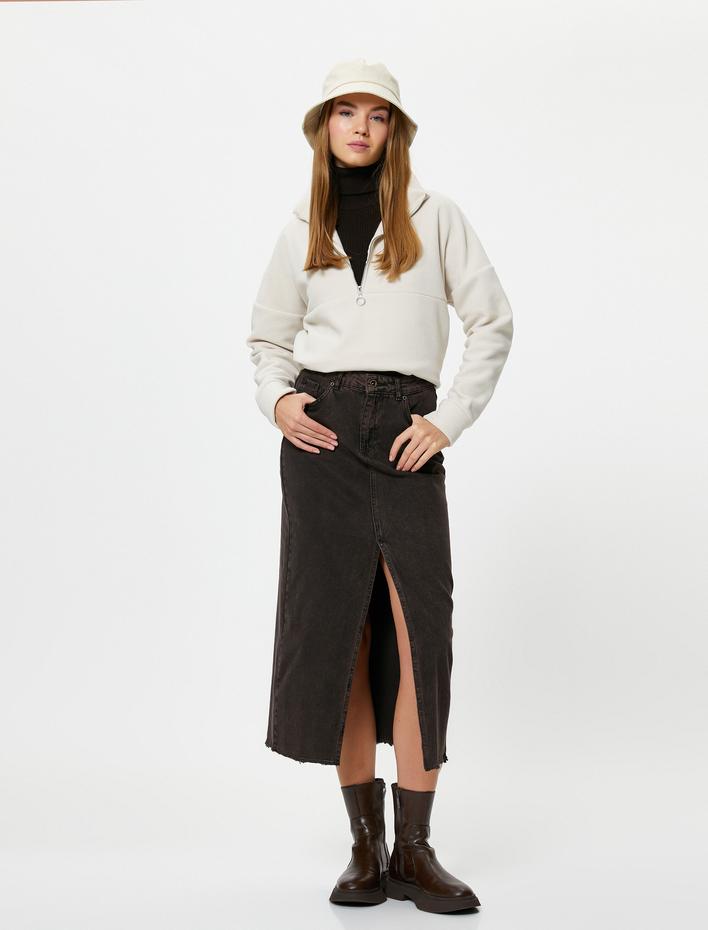  Polar Sweatshirt Yarım Fermuarlı Balon Kol Rahat Kalıp