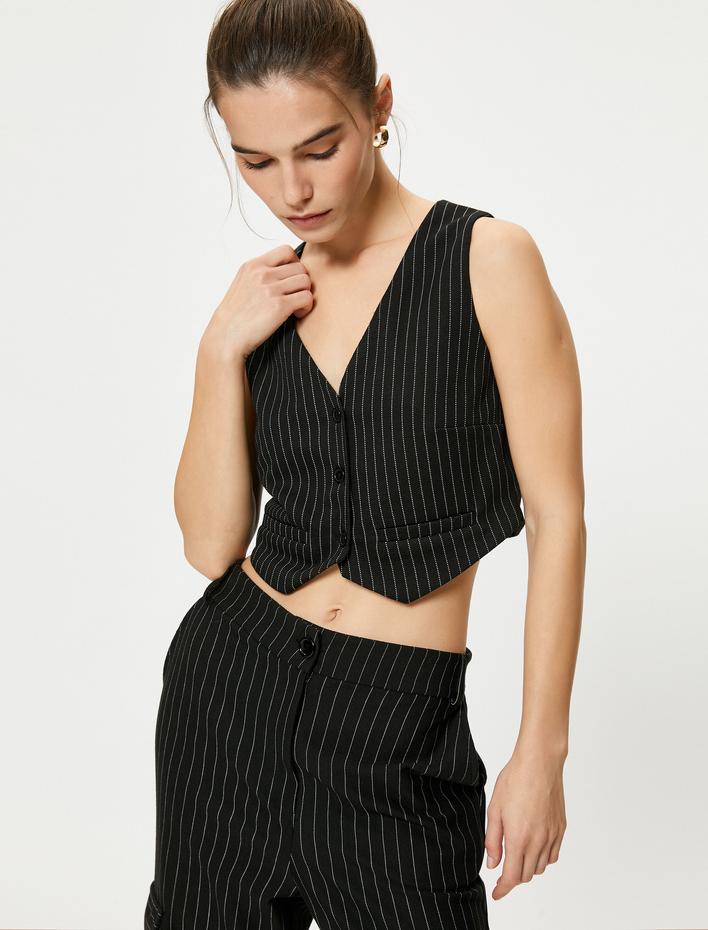  Crop Yelek V Yaka Düğmeli Cepli