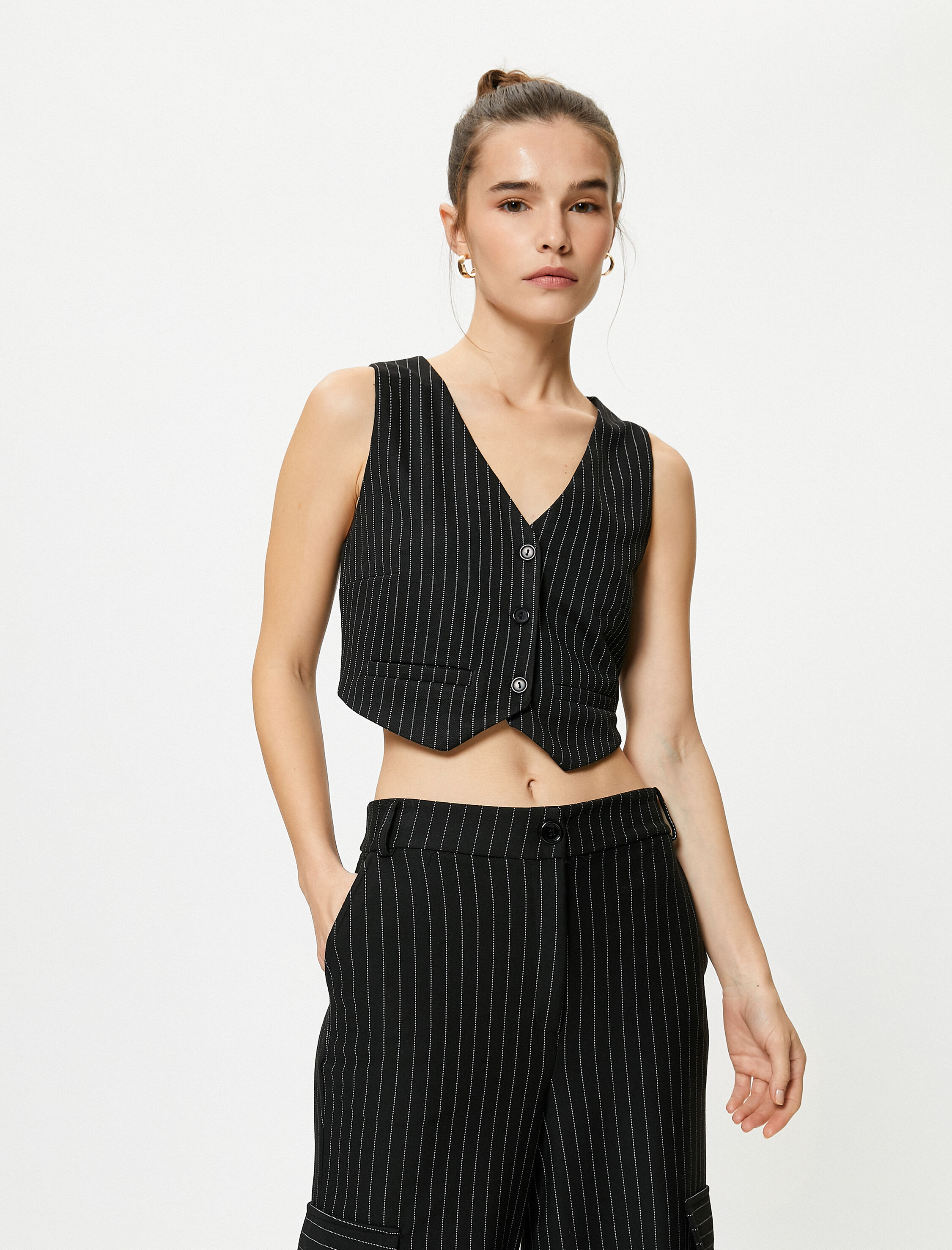   Crop Yelek V Yaka Düğmeli Cepli