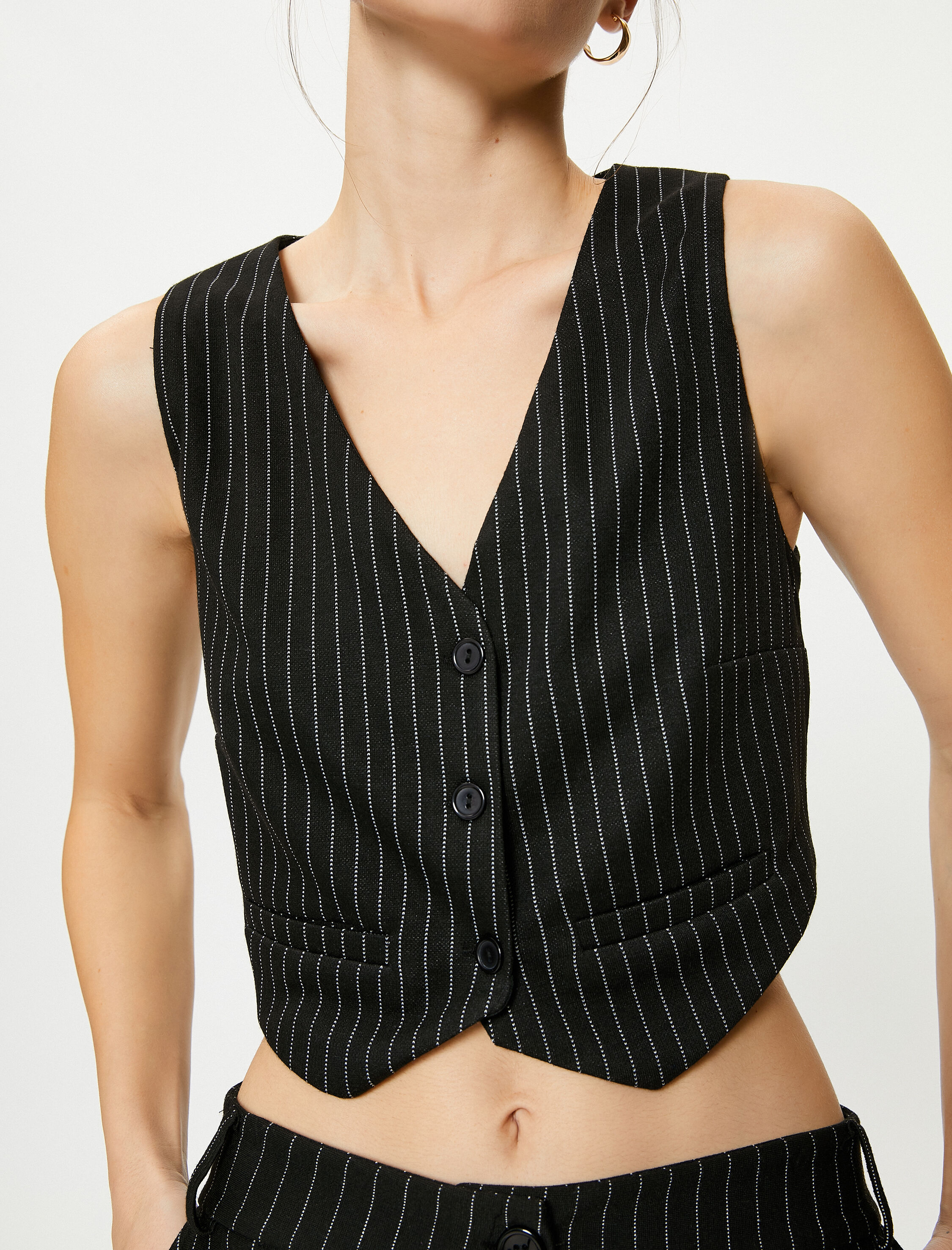   Crop Yelek V Yaka Düğmeli Cepli