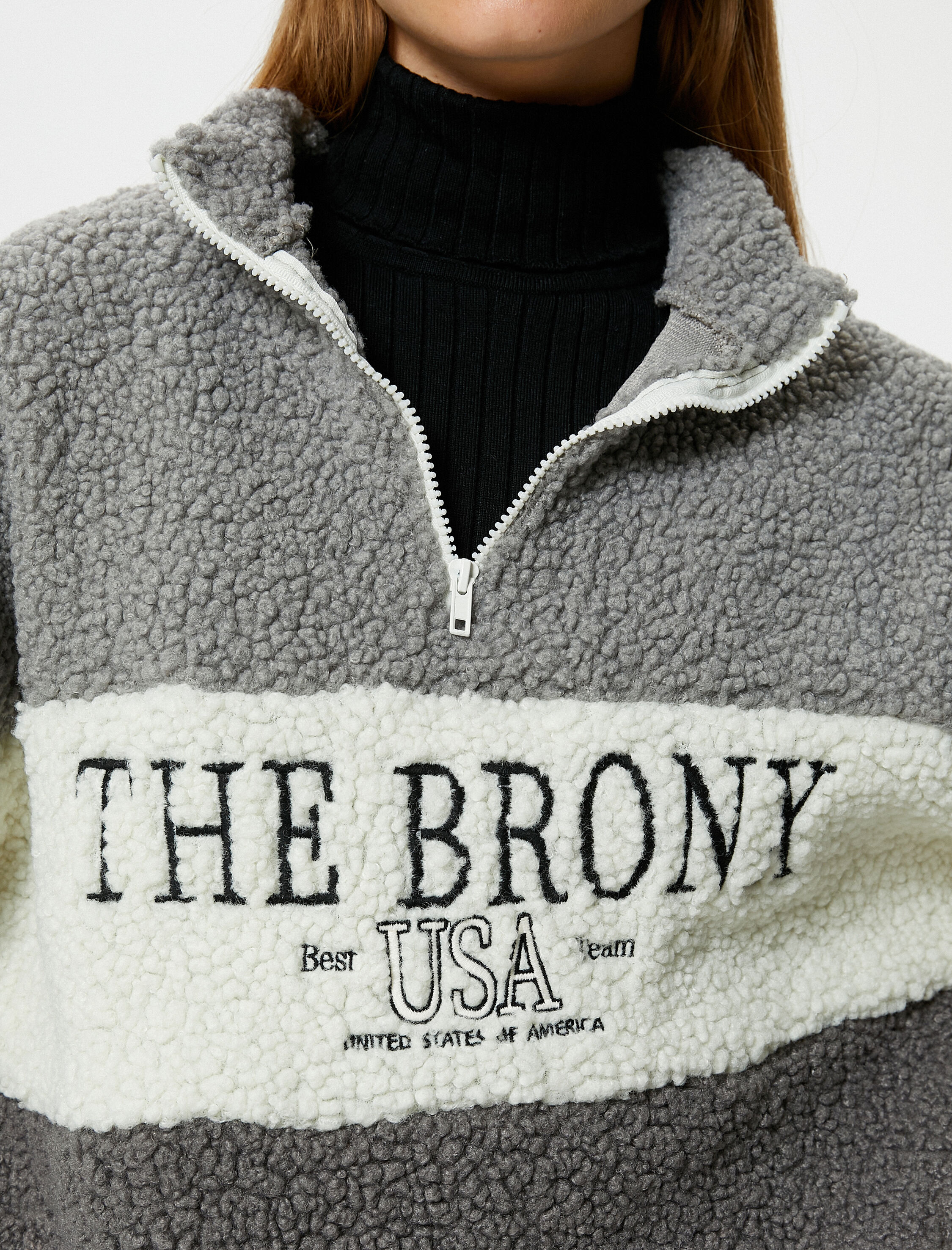   Şardonlu Peluş Sweatshirt Yarım Fermuarlı Dik Yaka Renk Bloklu