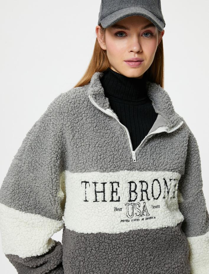 Şardonlu Peluş Sweatshirt Yarım Fermuarlı Dik Yaka Renk Bloklu