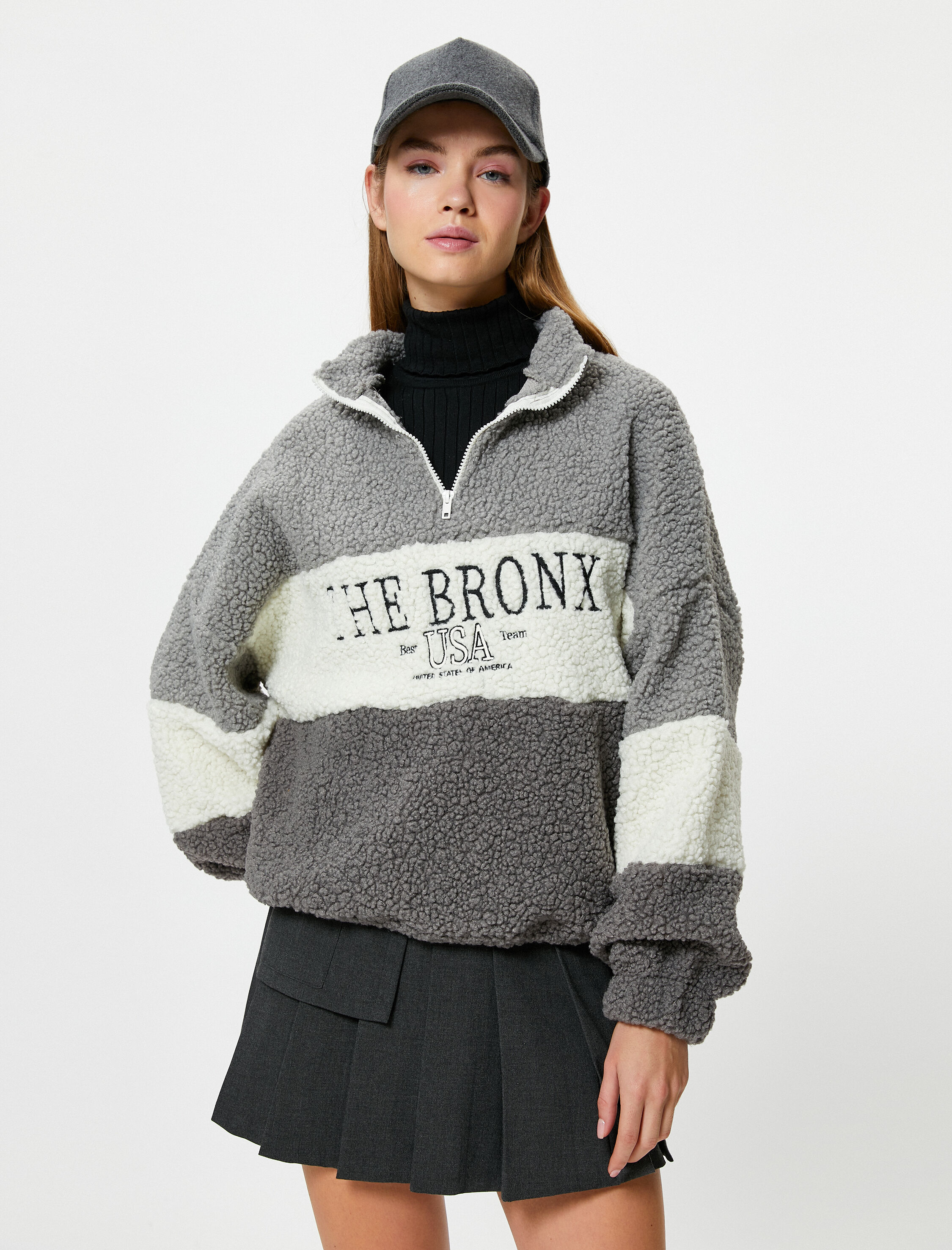   Şardonlu Peluş Sweatshirt Yarım Fermuarlı Dik Yaka Renk Bloklu