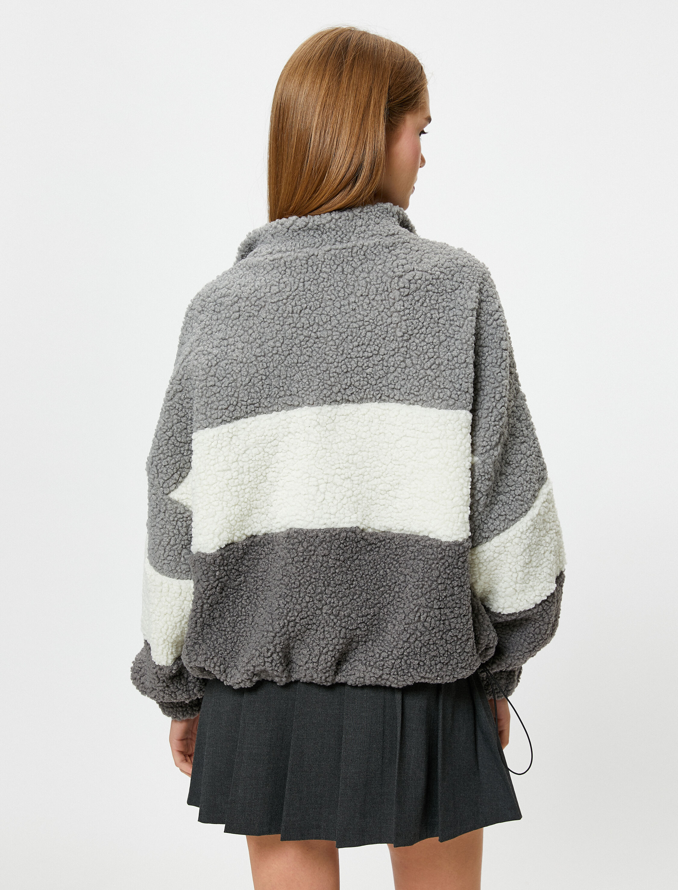   Şardonlu Peluş Sweatshirt Yarım Fermuarlı Dik Yaka Renk Bloklu