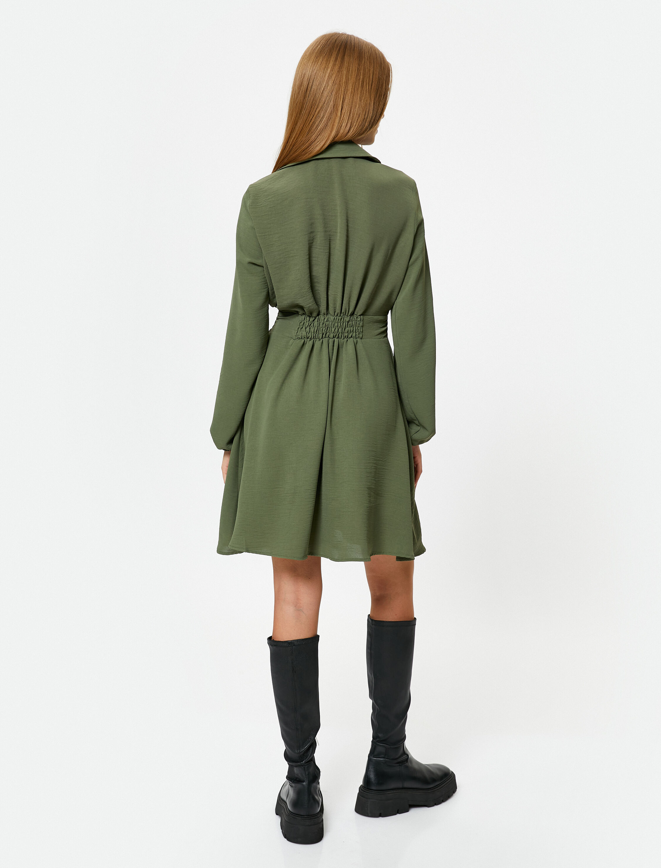 Gömlek Yaka Elbise V Yaka Gipe Detaylı Uzun Kollu