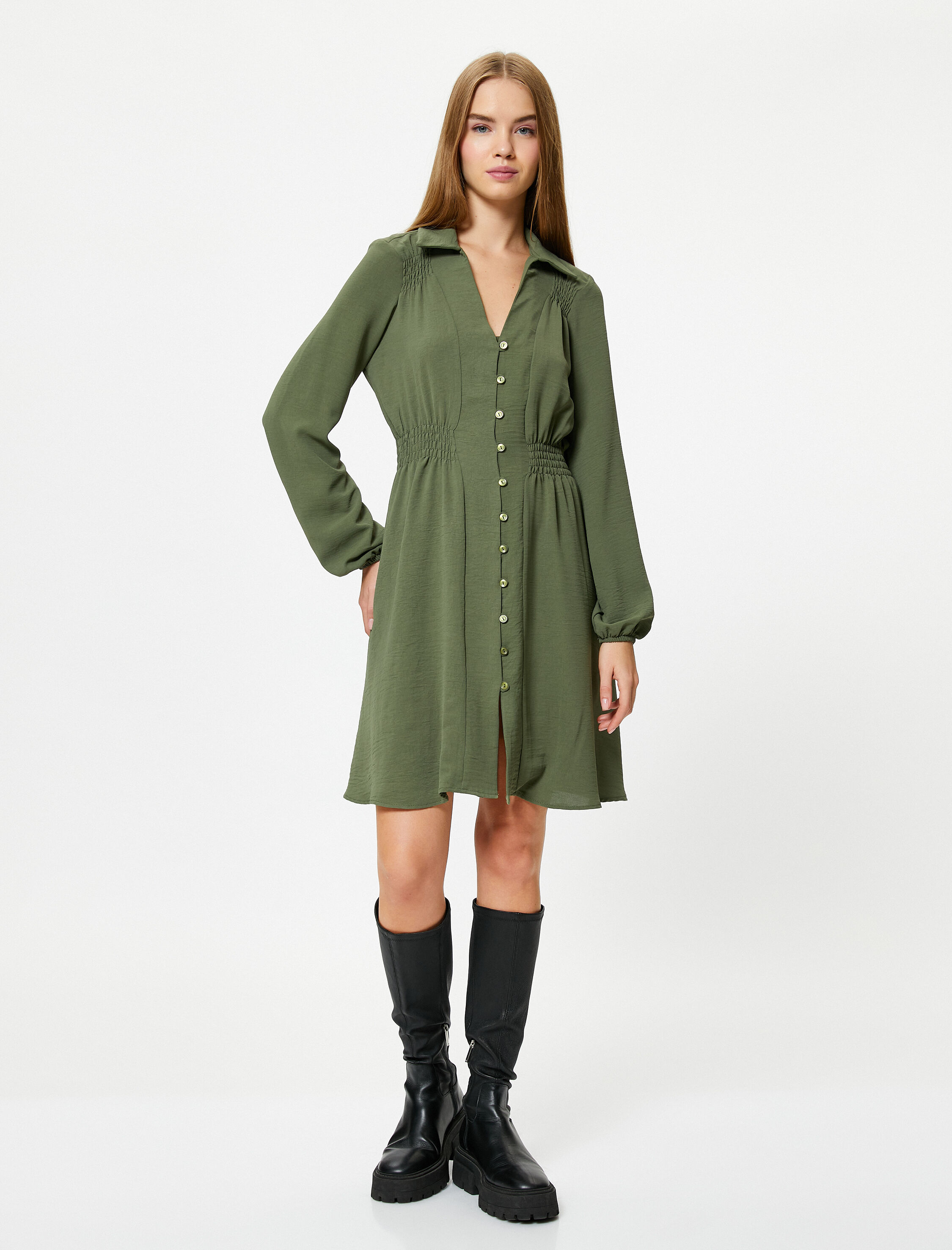 Gömlek Yaka Elbise V Yaka Gipe Detaylı Uzun Kollu