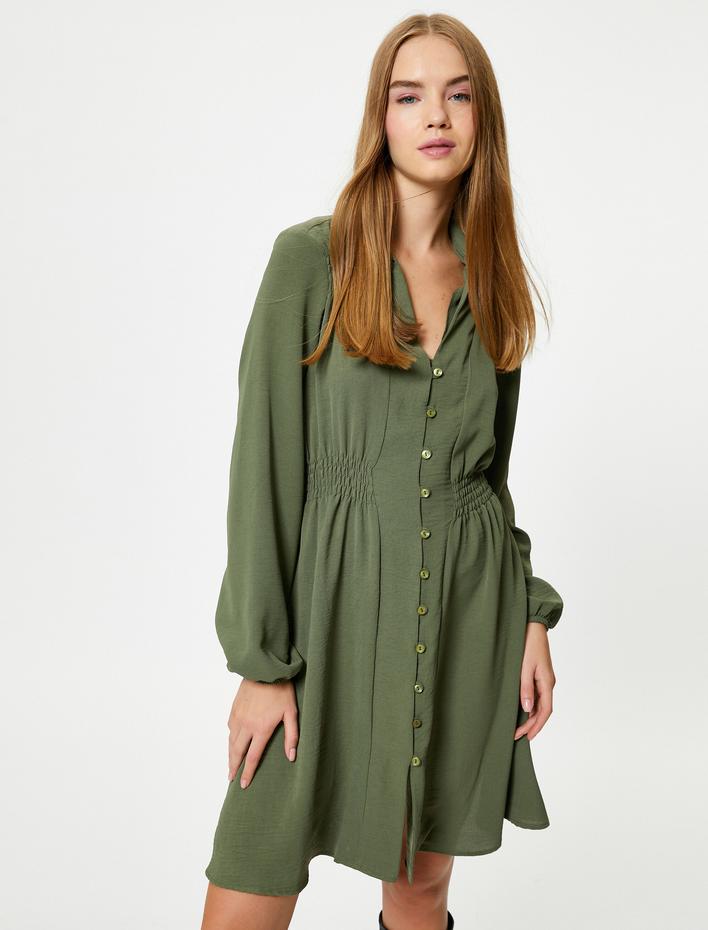  Gömlek Yaka Elbise V Yaka Gipe Detaylı Uzun Kollu