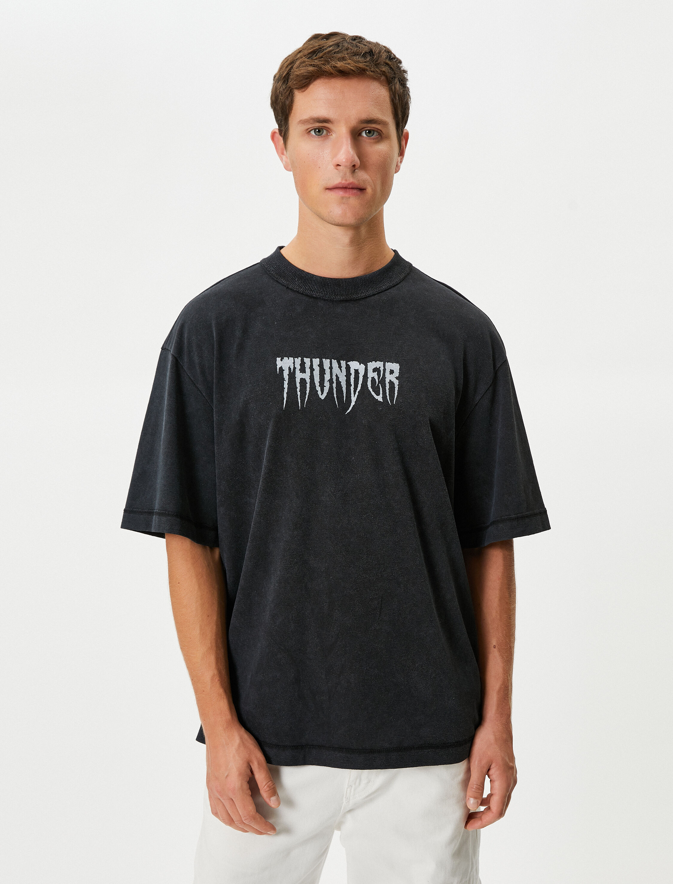   Yıkamalı Tişört Rahat Kesim Slogan Baskılı Bisiklet Yaka Kısa Kollu