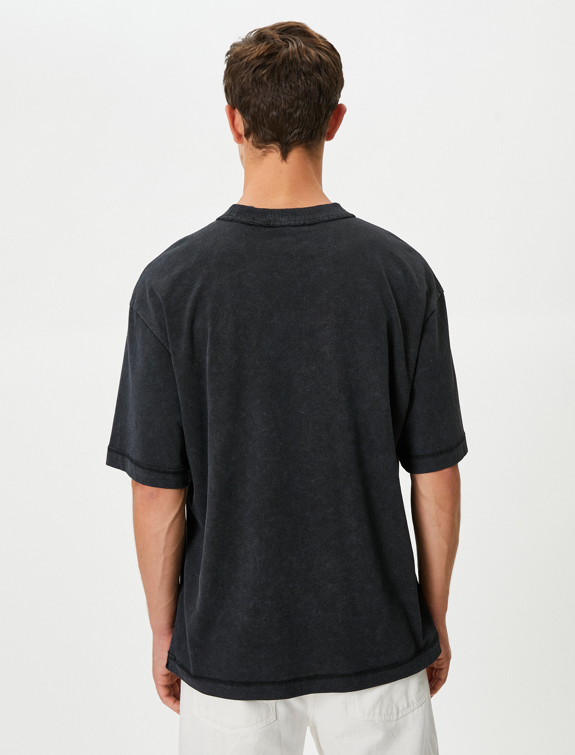   Yıkamalı Tişört Rahat Kesim Slogan Baskılı Bisiklet Yaka Kısa Kollu