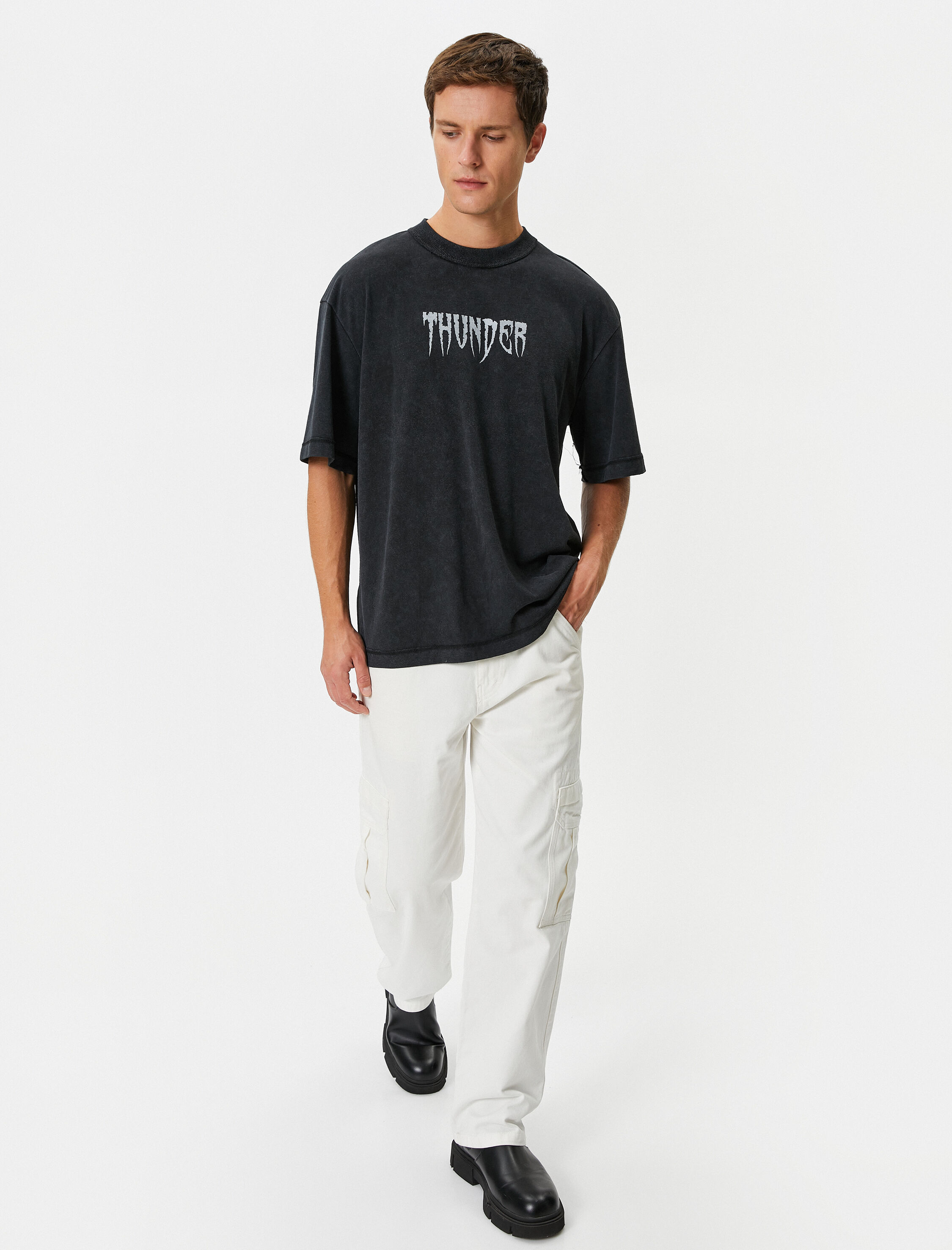   Yıkamalı Tişört Rahat Kesim Slogan Baskılı Bisiklet Yaka Kısa Kollu