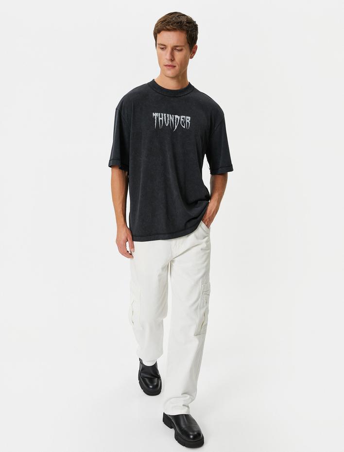  Yıkamalı Tişört Rahat Kesim Slogan Baskılı Bisiklet Yaka Kısa Kollu