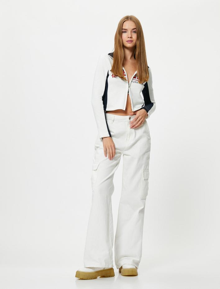  Şardonlu Kolej Fermuarlı Sweatshirt Dik Yaka Renk Bloklu