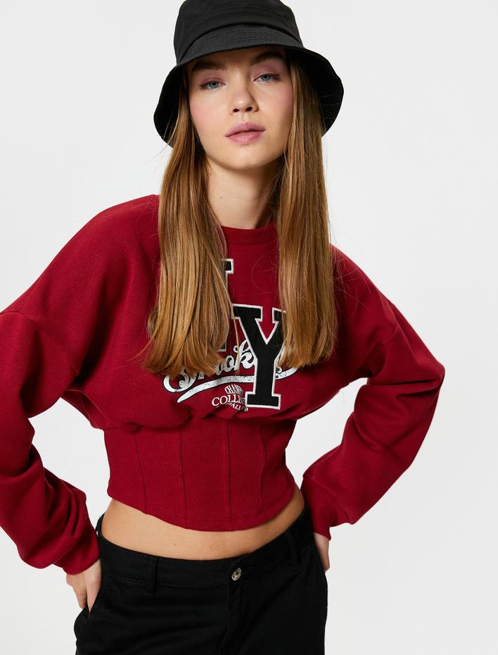  Kolej Crop Sweatshirt Korse Detaylı Şardonlu Uzun Kollu Bisiklet Yaka