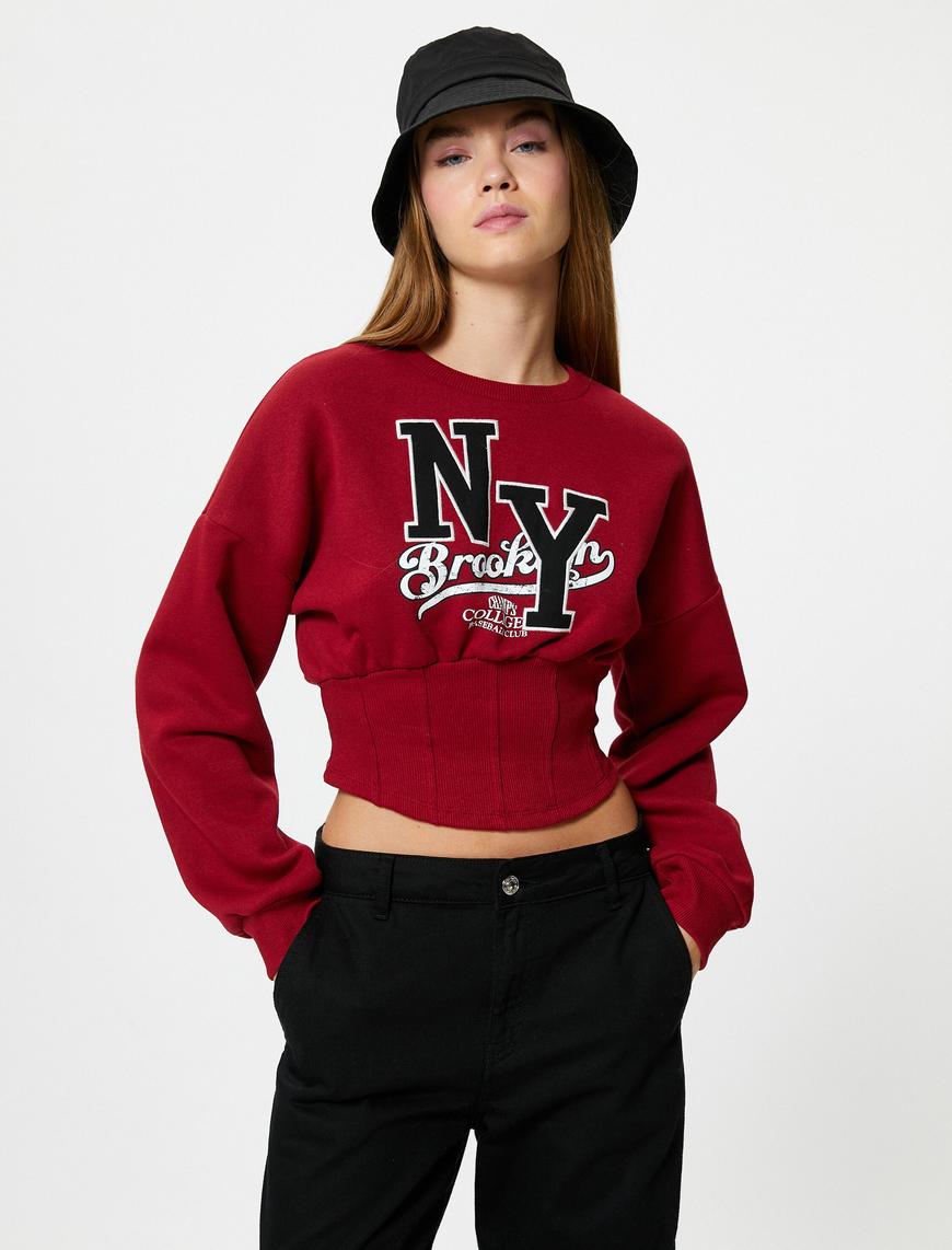   Kolej Crop Sweatshirt Korse Detaylı Şardonlu Uzun Kollu Bisiklet Yaka