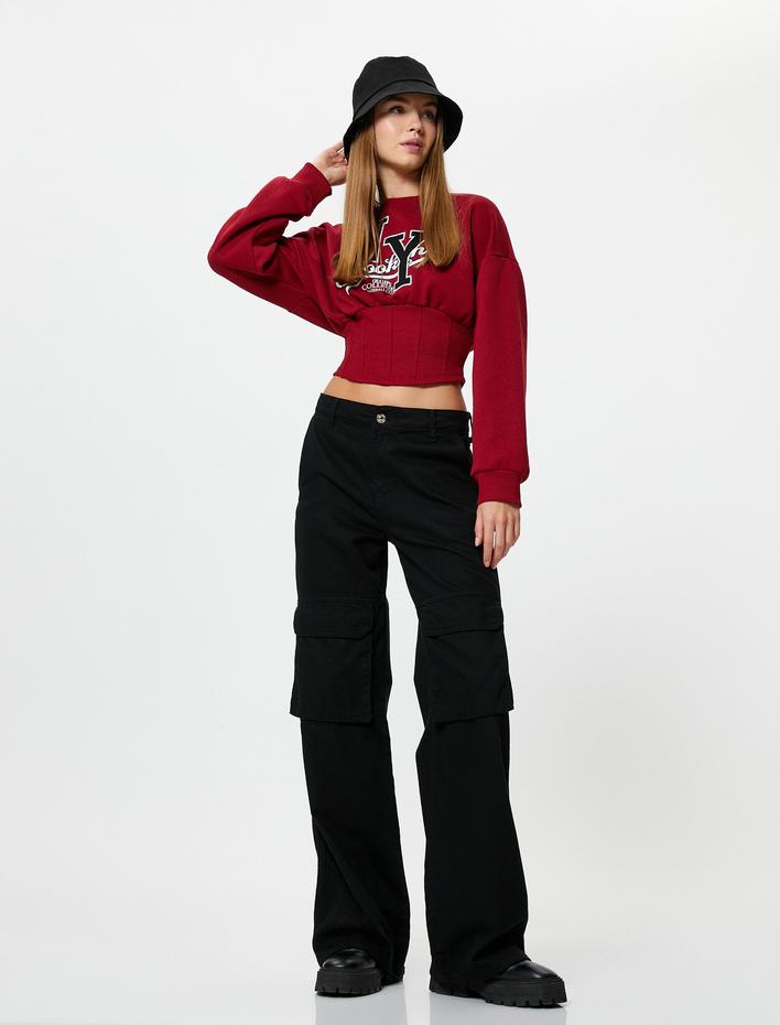  Kolej Crop Sweatshirt Korse Detaylı Şardonlu Uzun Kollu Bisiklet Yaka