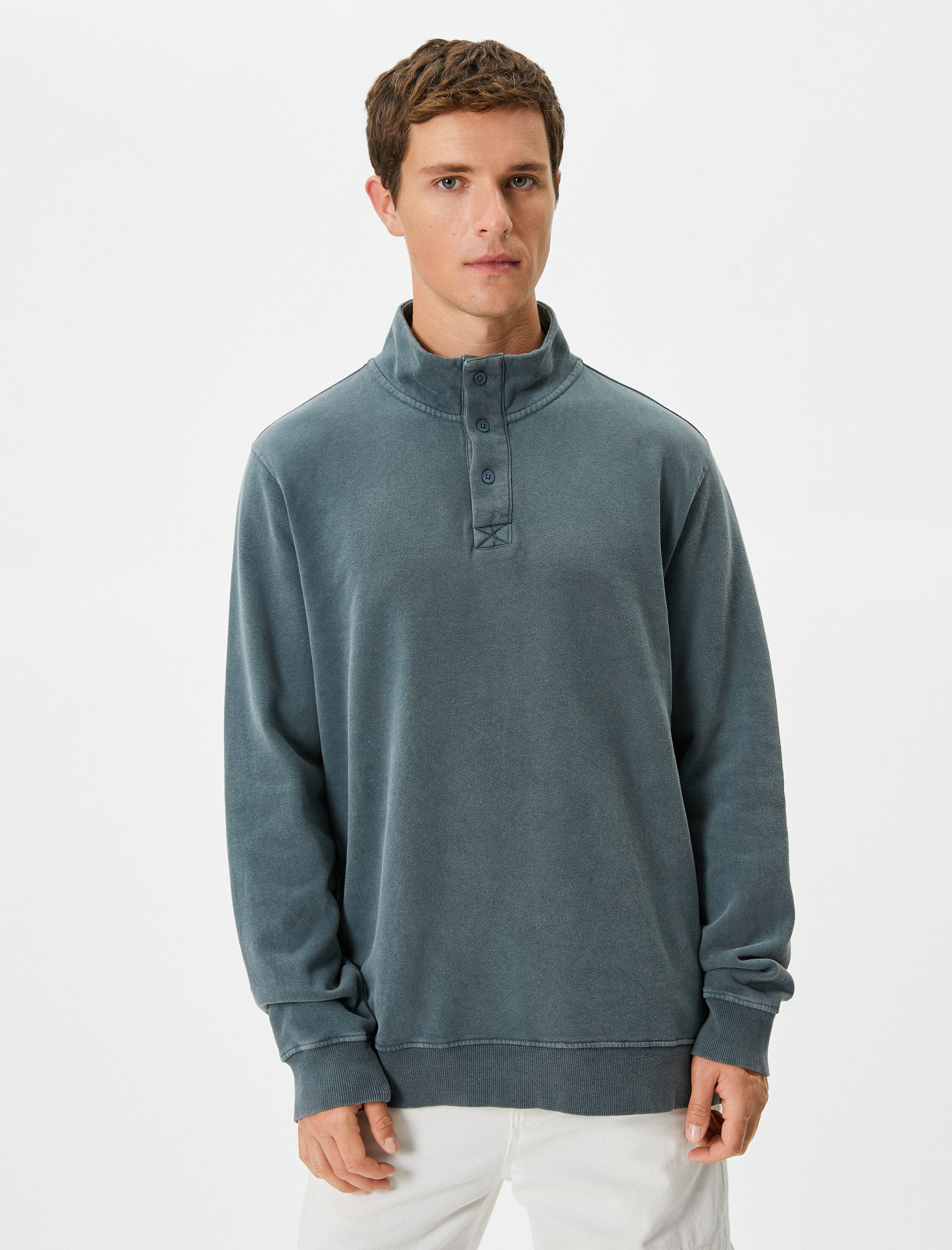   Yıkamalı Sweatshirt Dik Yaka Düğme Detaylı Pamuklu Şardonlu