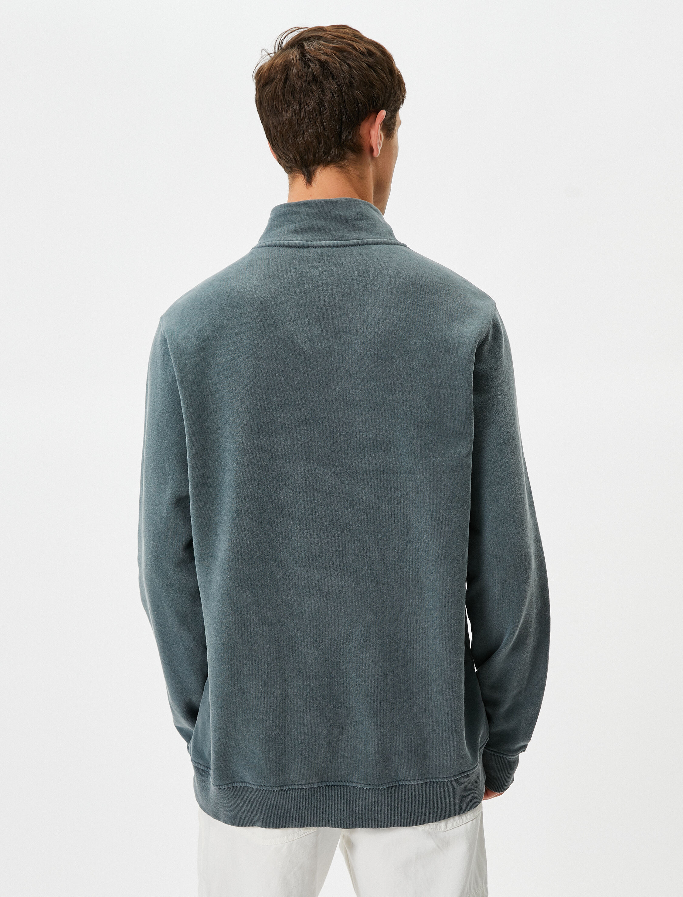   Yıkamalı Sweatshirt Dik Yaka Düğme Detaylı Pamuklu Şardonlu