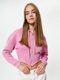 Crop Sweatshirt Fermuarlı Kapüşonlu Uzun Kollu