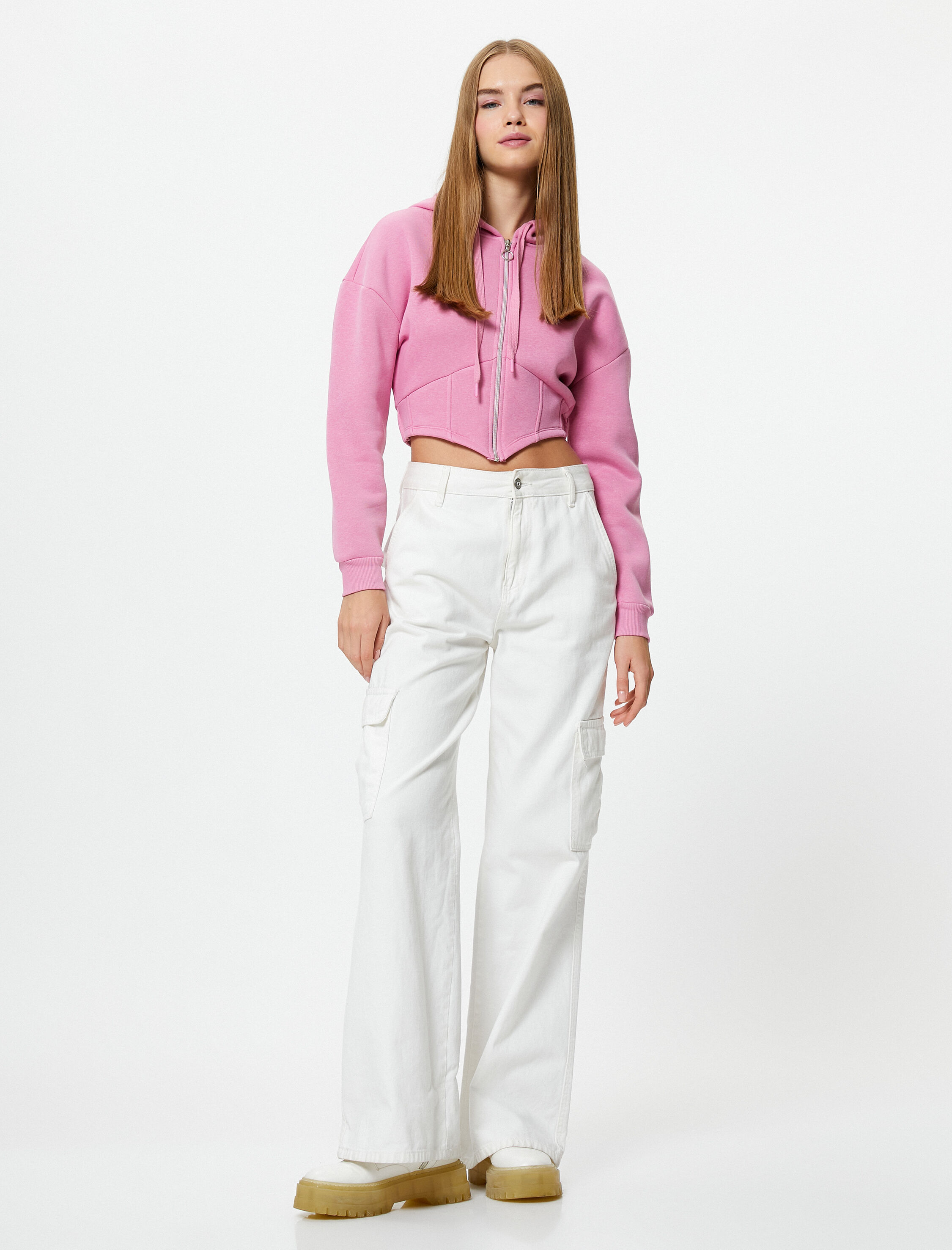   Şardonlu Crop Sweatshirt Fermuarlı Kapüşonlu Uzun Kollu