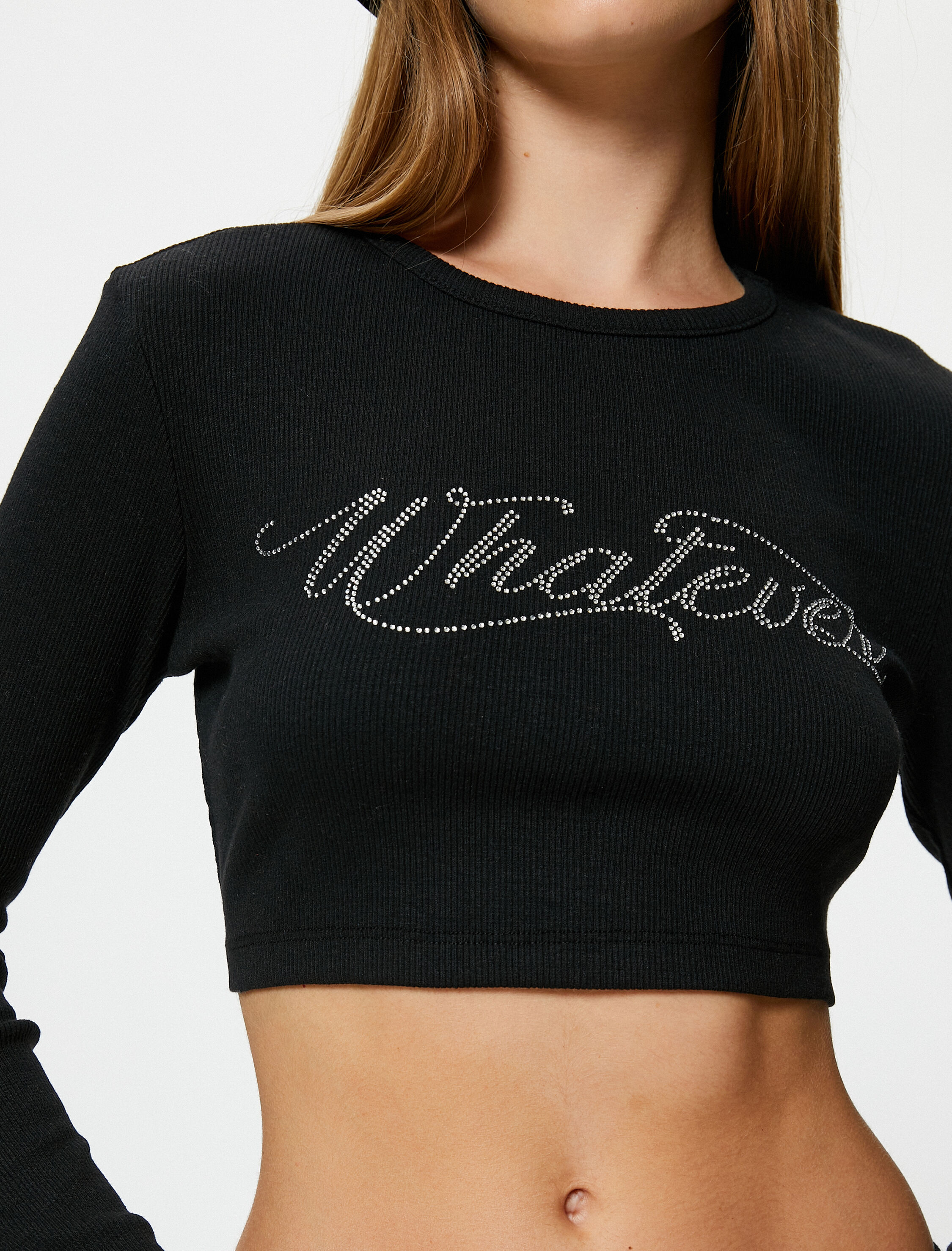   Uzun Kollu Crop Tişört Kaşkorse Bisiklet Yaka Slim Fit