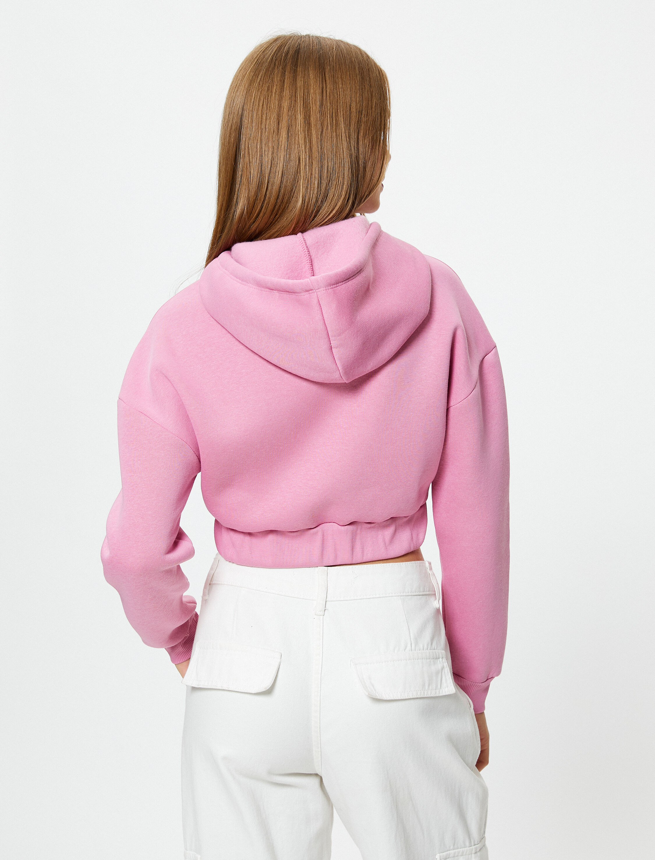   Şardonlu Crop Sweatshirt Fermuarlı Kapüşonlu Uzun Kollu