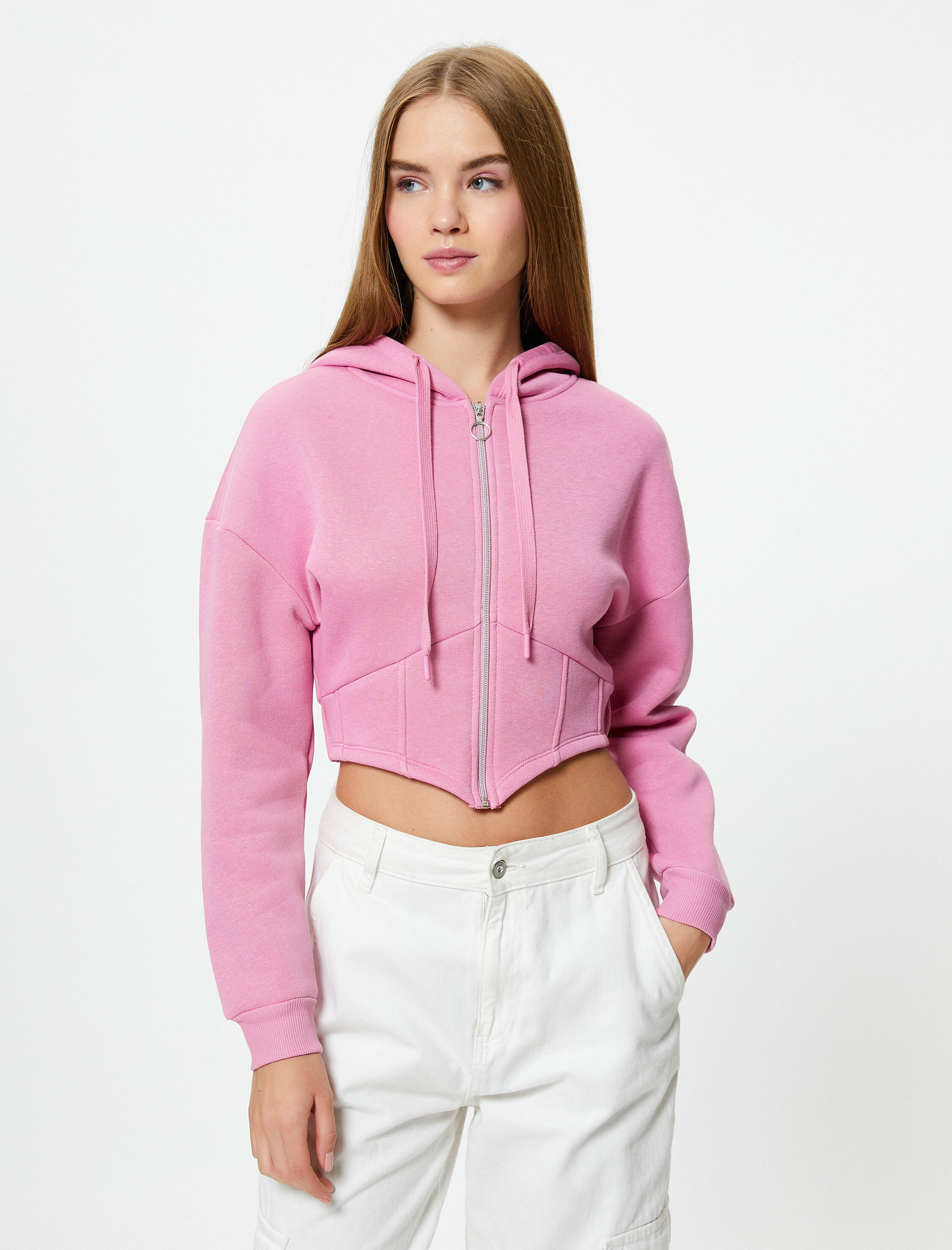   Şardonlu Crop Sweatshirt Fermuarlı Kapüşonlu Uzun Kollu