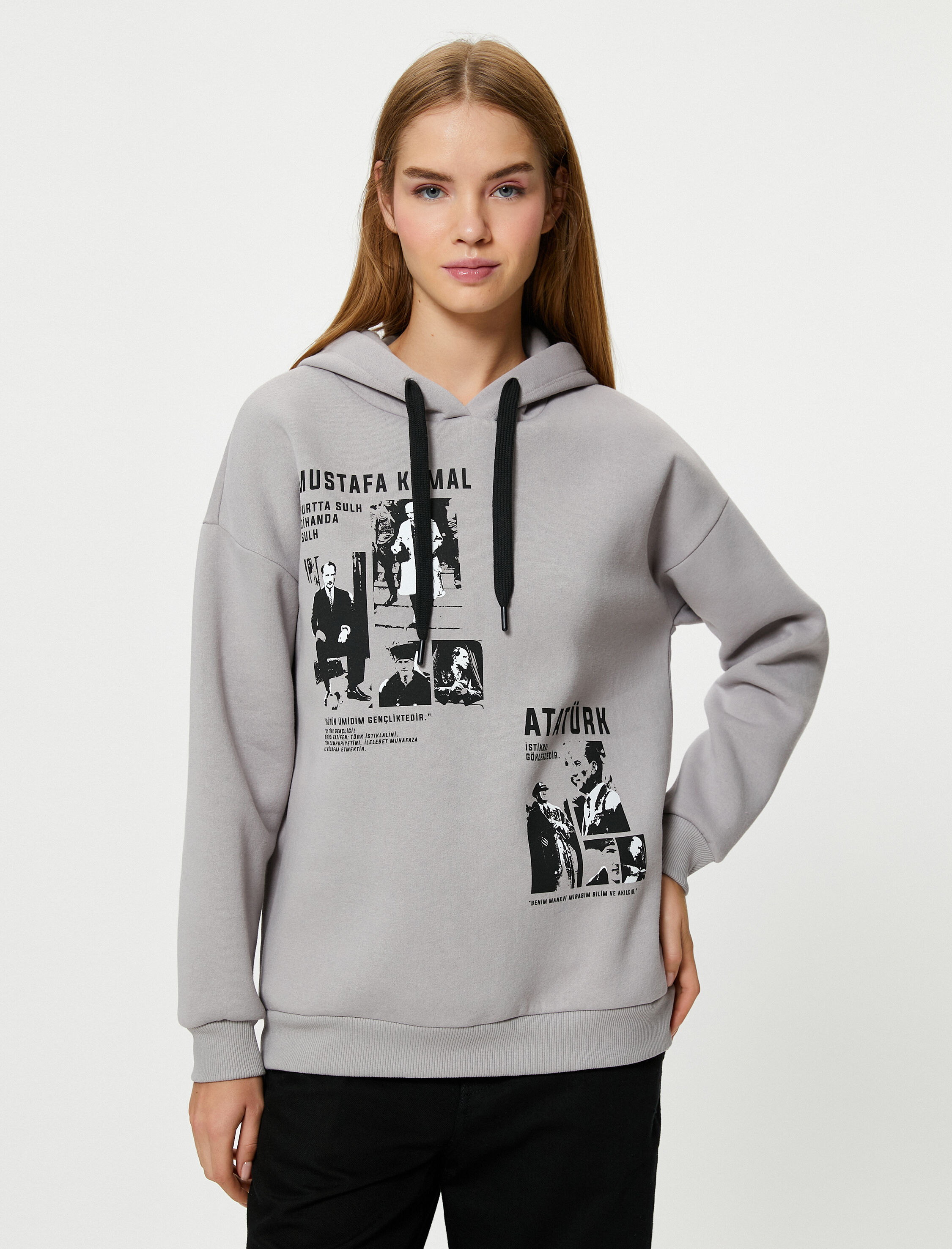   Şardonlu Atatürk Baskılı Sweatshirt Kapşonlu Uzun Kollu 100. Yıl Özel