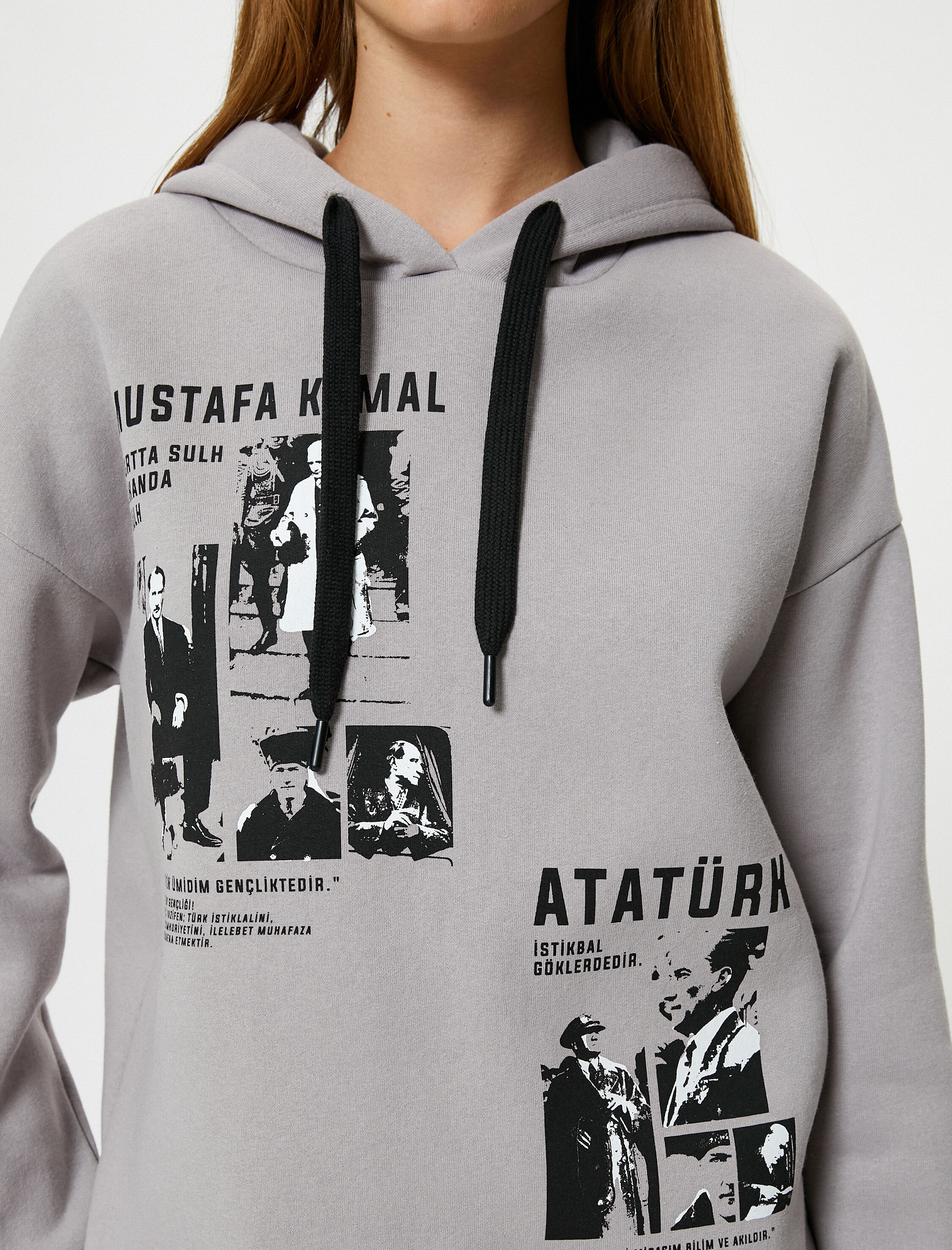   Şardonlu Atatürk Baskılı Sweatshirt Kapşonlu Uzun Kollu 100. Yıl Özel