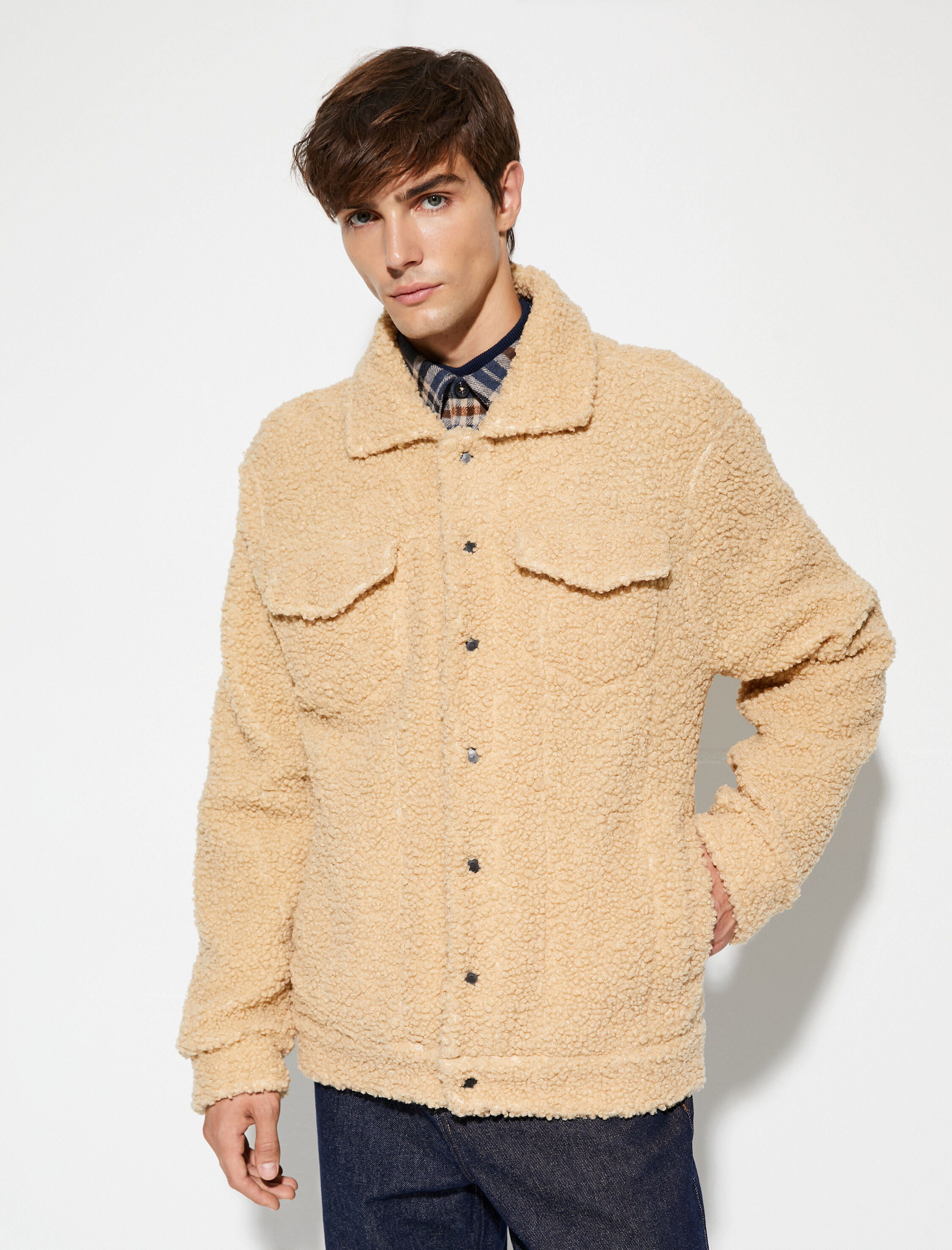   Oversize Peluş Ceket Çift Cepli Polo Yaka Çıtçıt Düğmeli