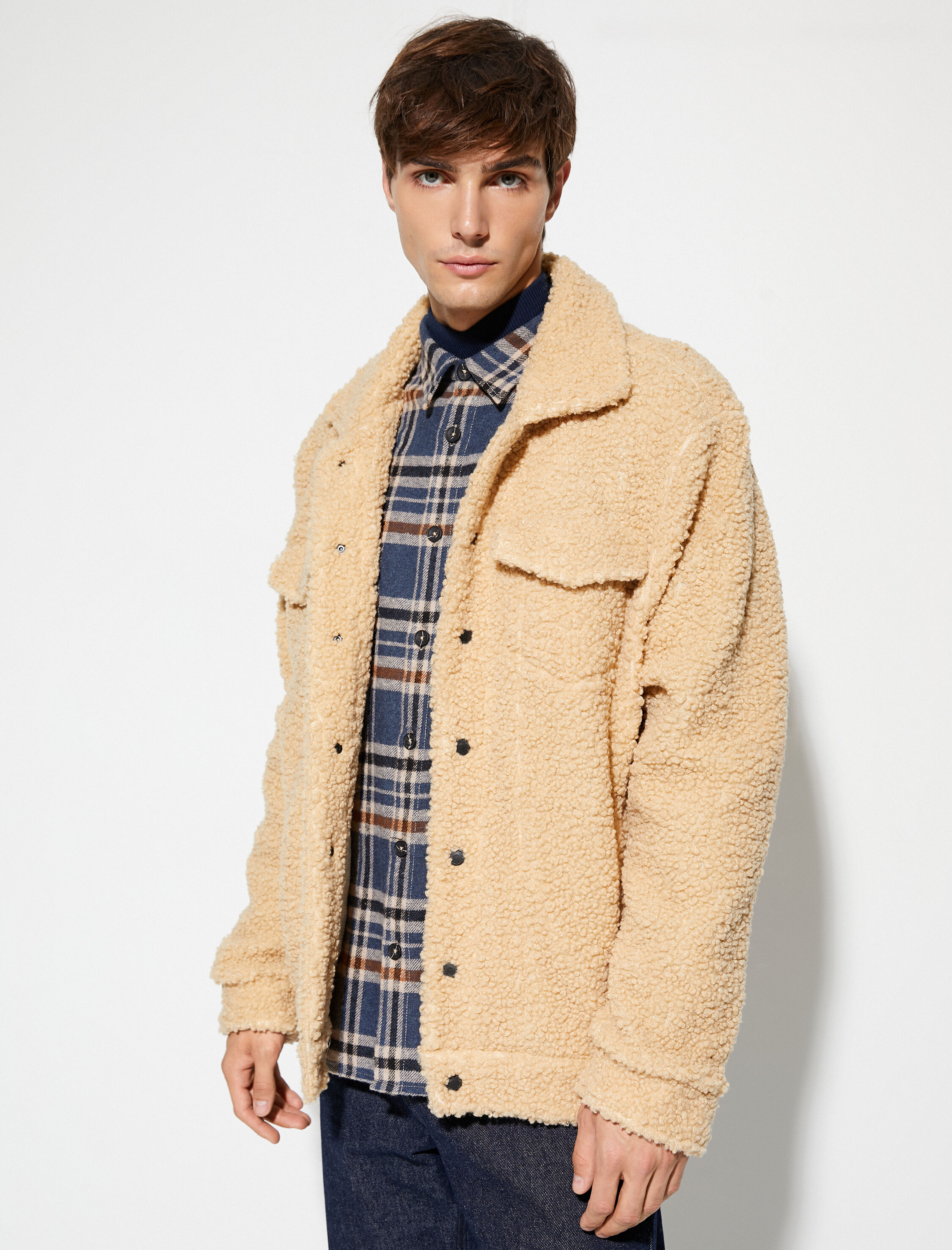   Oversize Peluş Ceket Çift Cepli Polo Yaka Çıtçıt Düğmeli