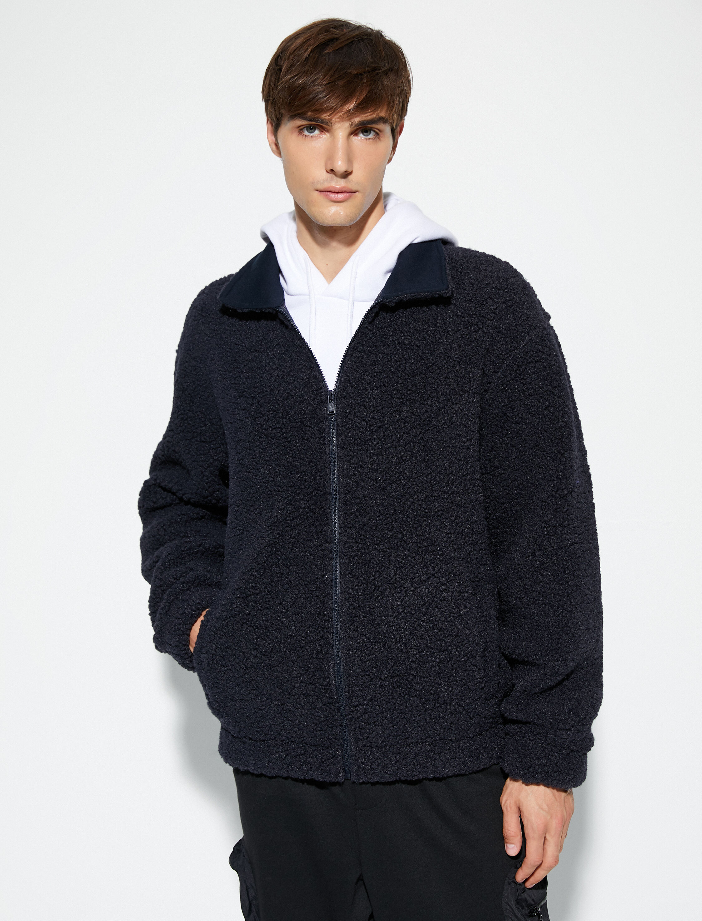   Peluş Ceket Fermuarlı Çift Cepli Klasik Yaka Uzun Kollu