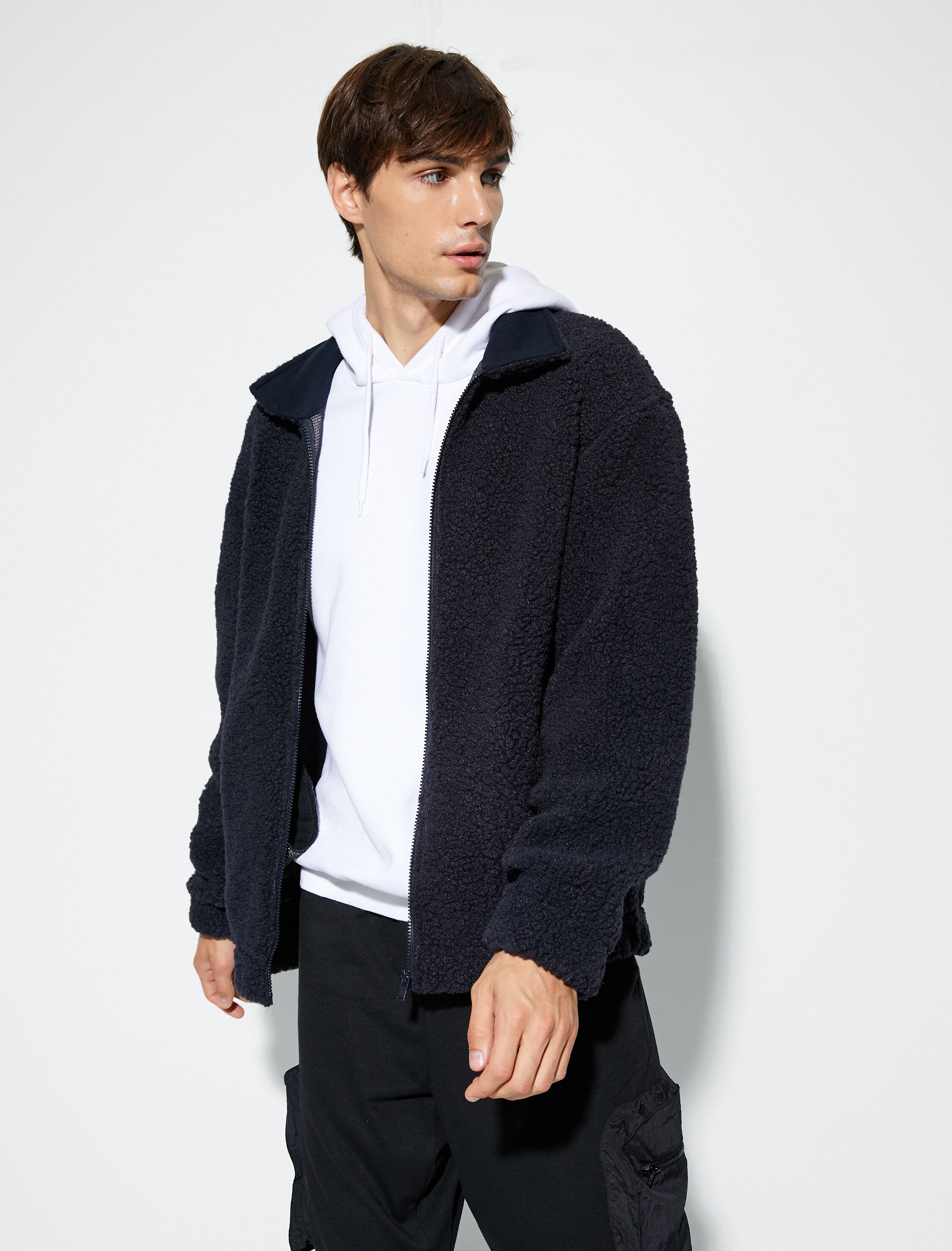   Peluş Ceket Fermuarlı Çift Cepli Klasik Yaka Uzun Kollu