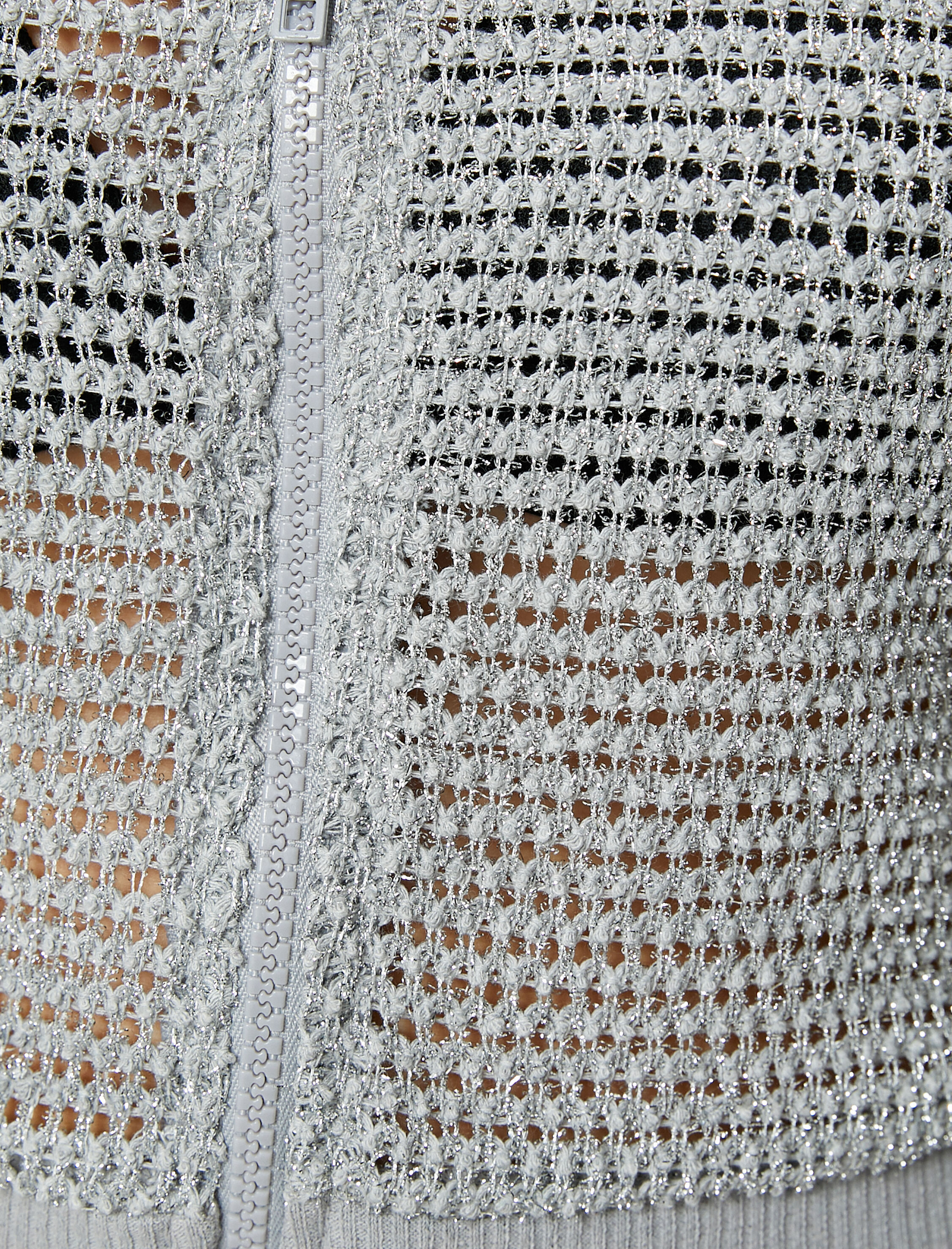   Crop File Kapşonlu Fermuarlı Sweatshirt Simli Slim Fit