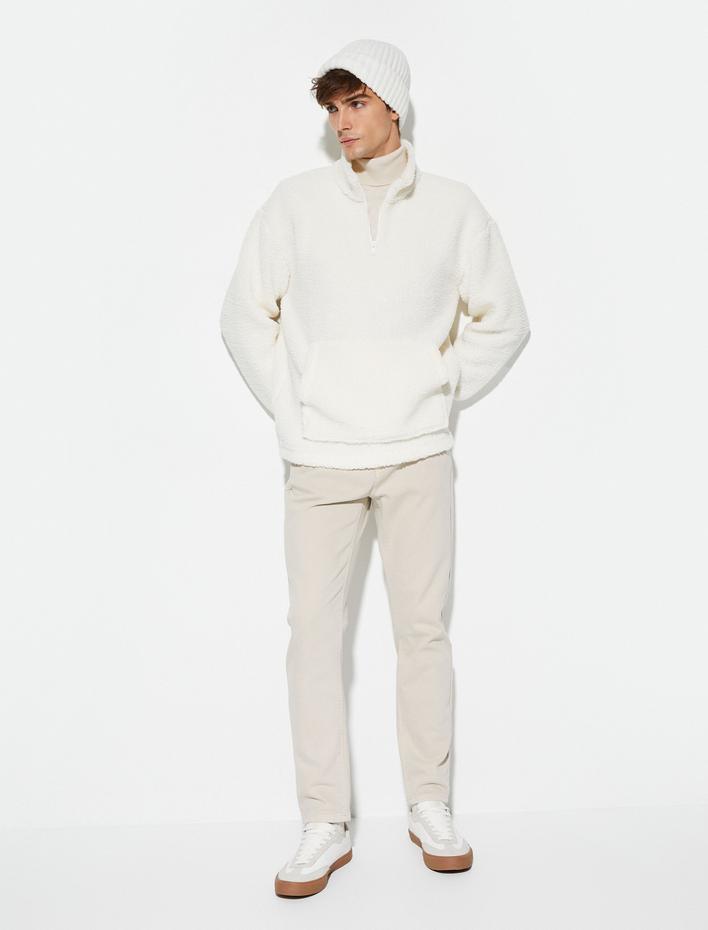  Peluş Sweatshirt Yarım Fermuarlı Dik Yaka Cepli