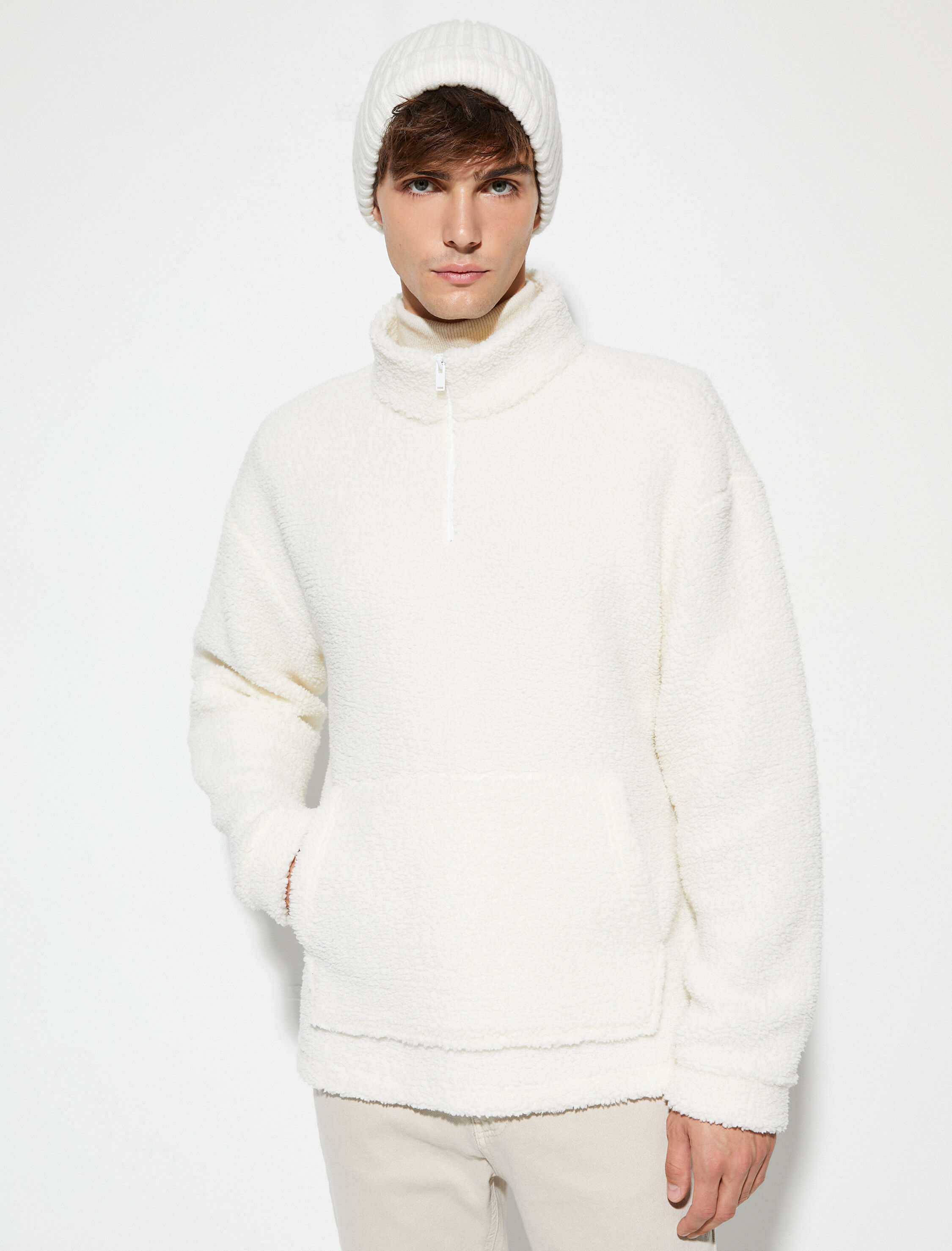 Peluş Sweatshirt Yarım Fermuarlı Dik Yaka Cepli