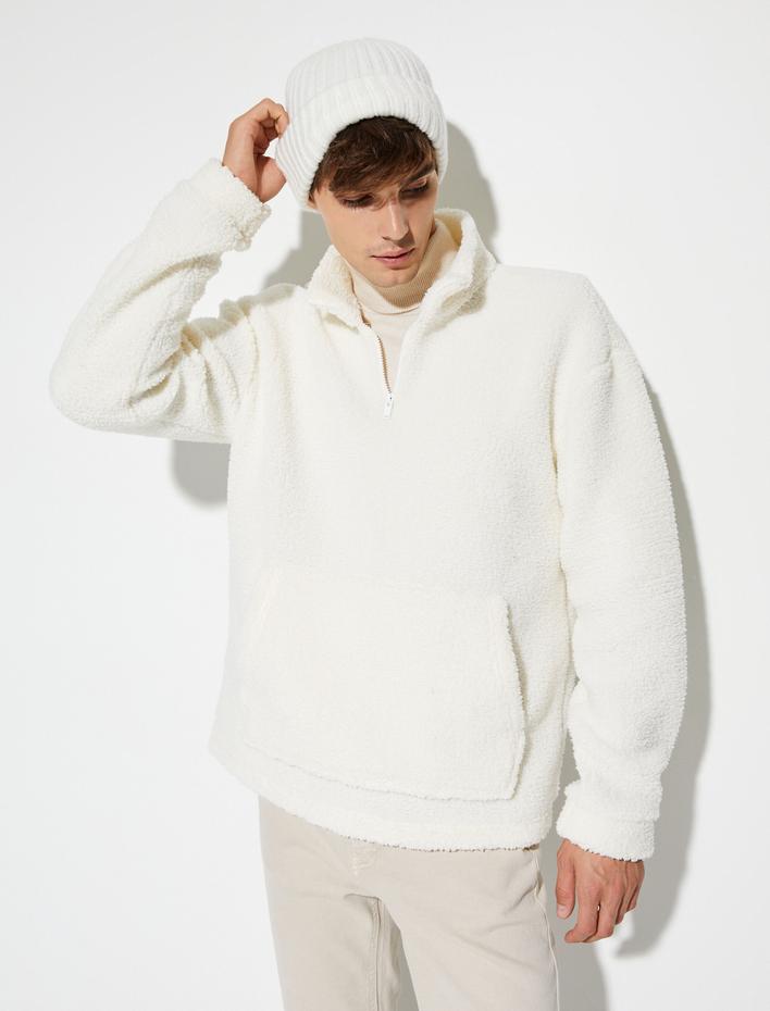  Peluş Sweatshirt Yarım Fermuarlı Dik Yaka Cepli